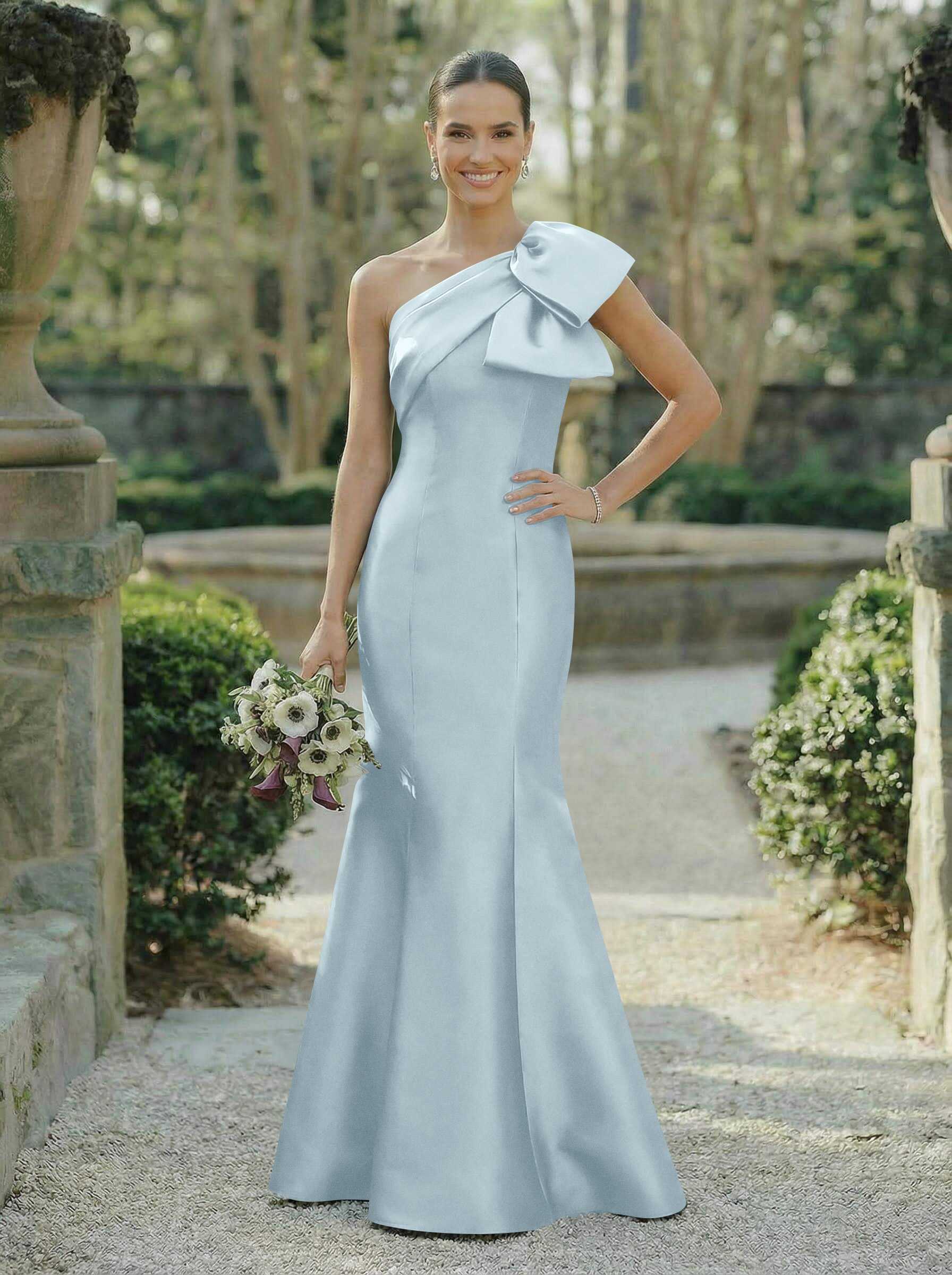 Trumpet/Mermaid One-Shoulder Sleeveless Satin Bridesmaid Dresses With Bow(s), product image 103