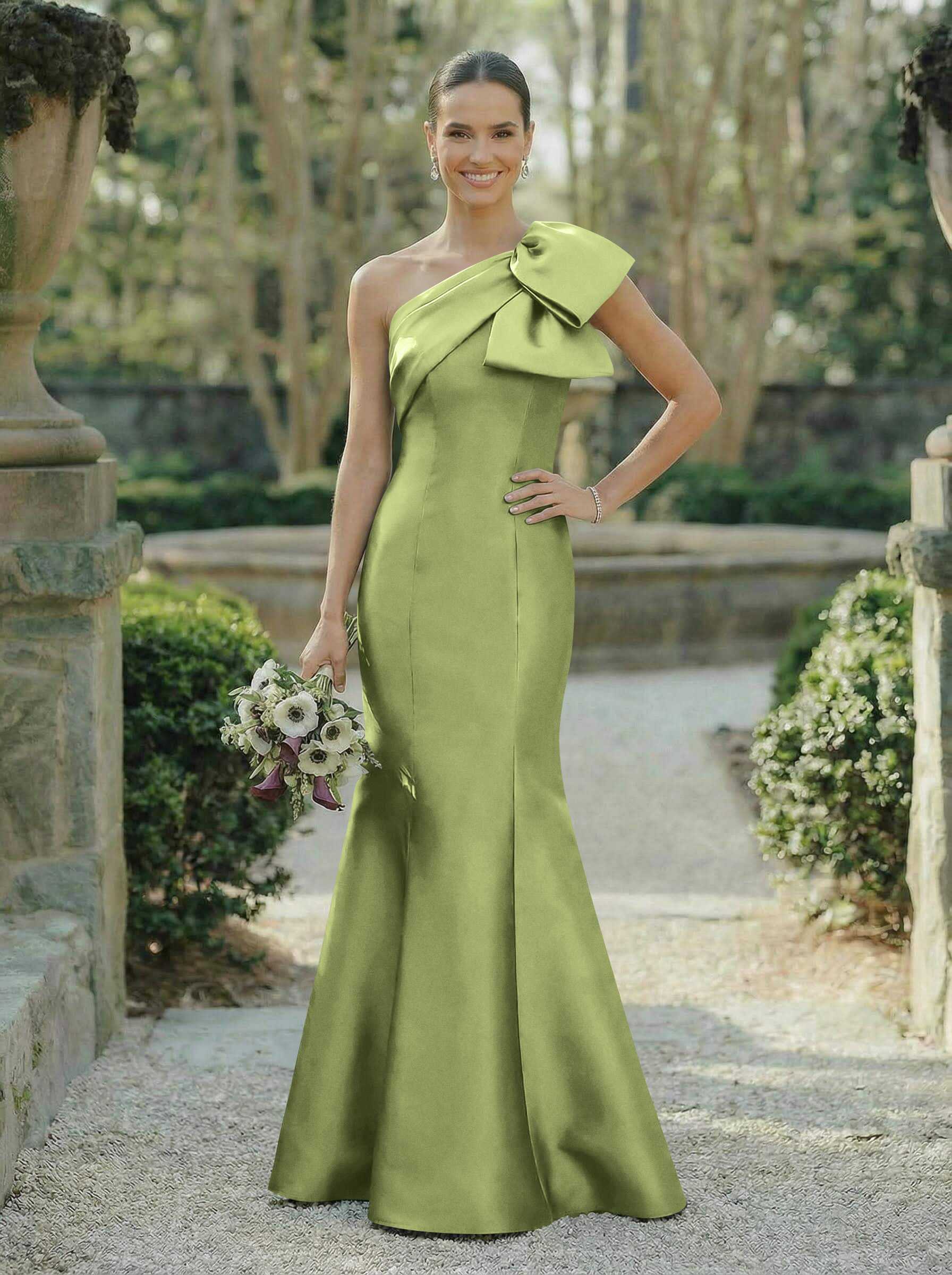 Trumpet/Mermaid One-Shoulder Sleeveless Satin Bridesmaid Dresses With Bow(s), product image 133