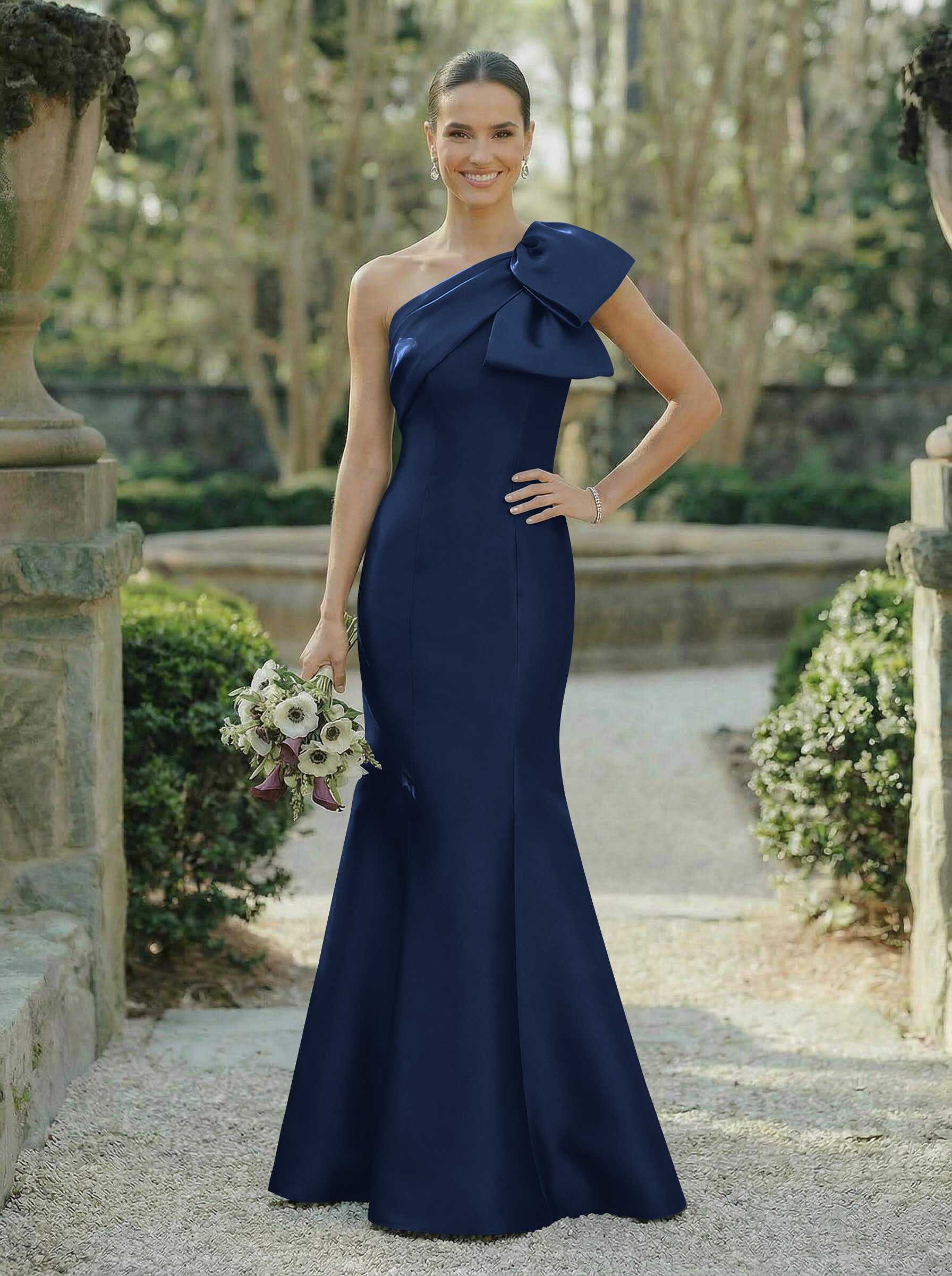 Trumpet/Mermaid One-Shoulder Sleeveless Satin Bridesmaid Dresses With Bow(s), product image 9