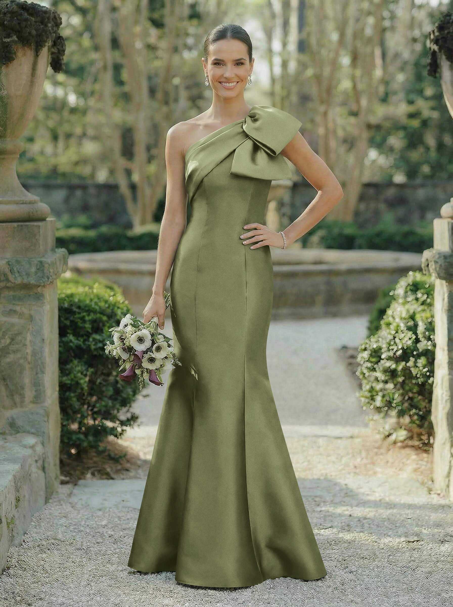 Trumpet/Mermaid One-Shoulder Sleeveless Satin Bridesmaid Dresses With Bow(s), product image 95