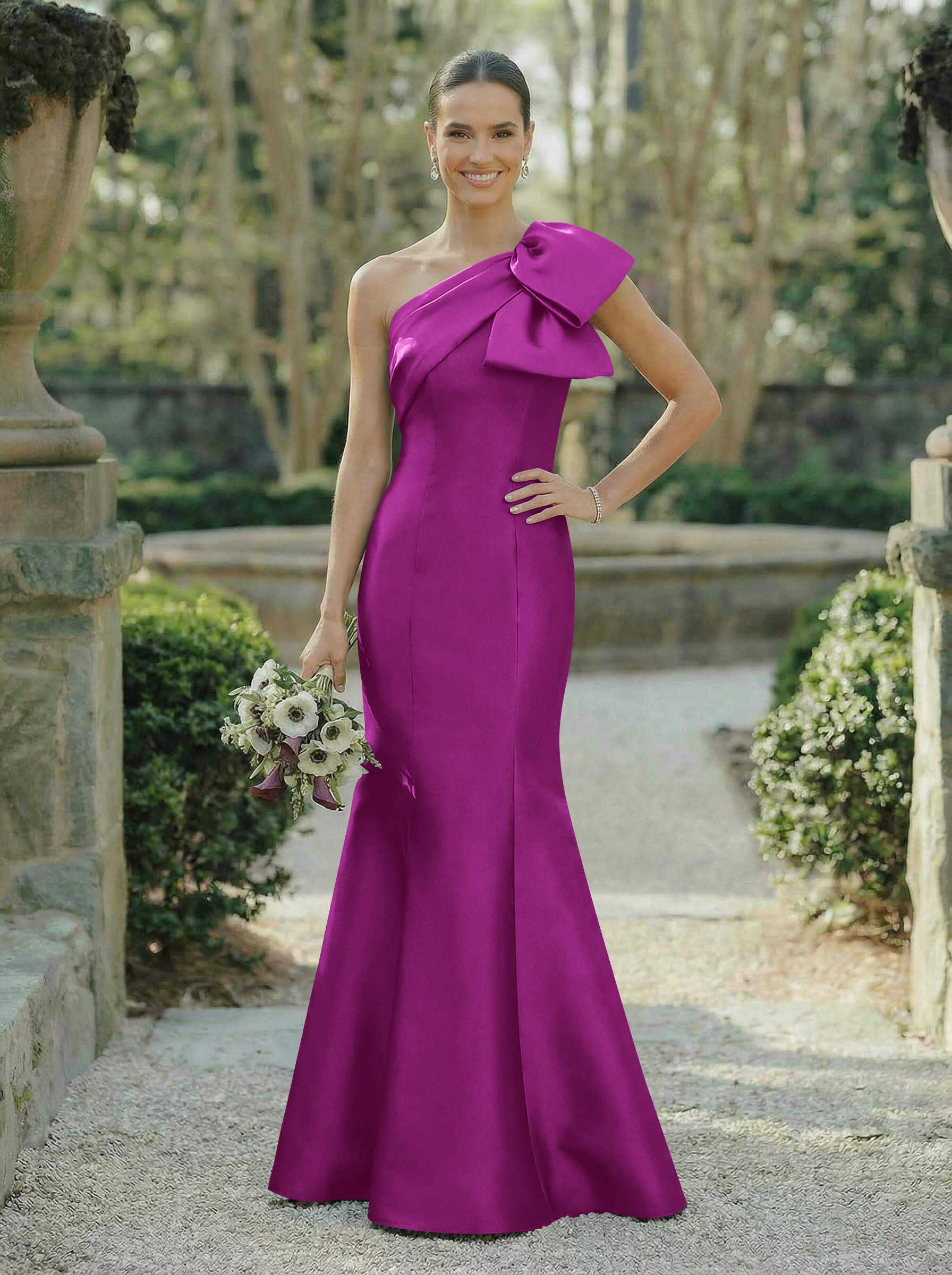 Trumpet/Mermaid One-Shoulder Sleeveless Satin Bridesmaid Dresses With Bow(s), product image 61