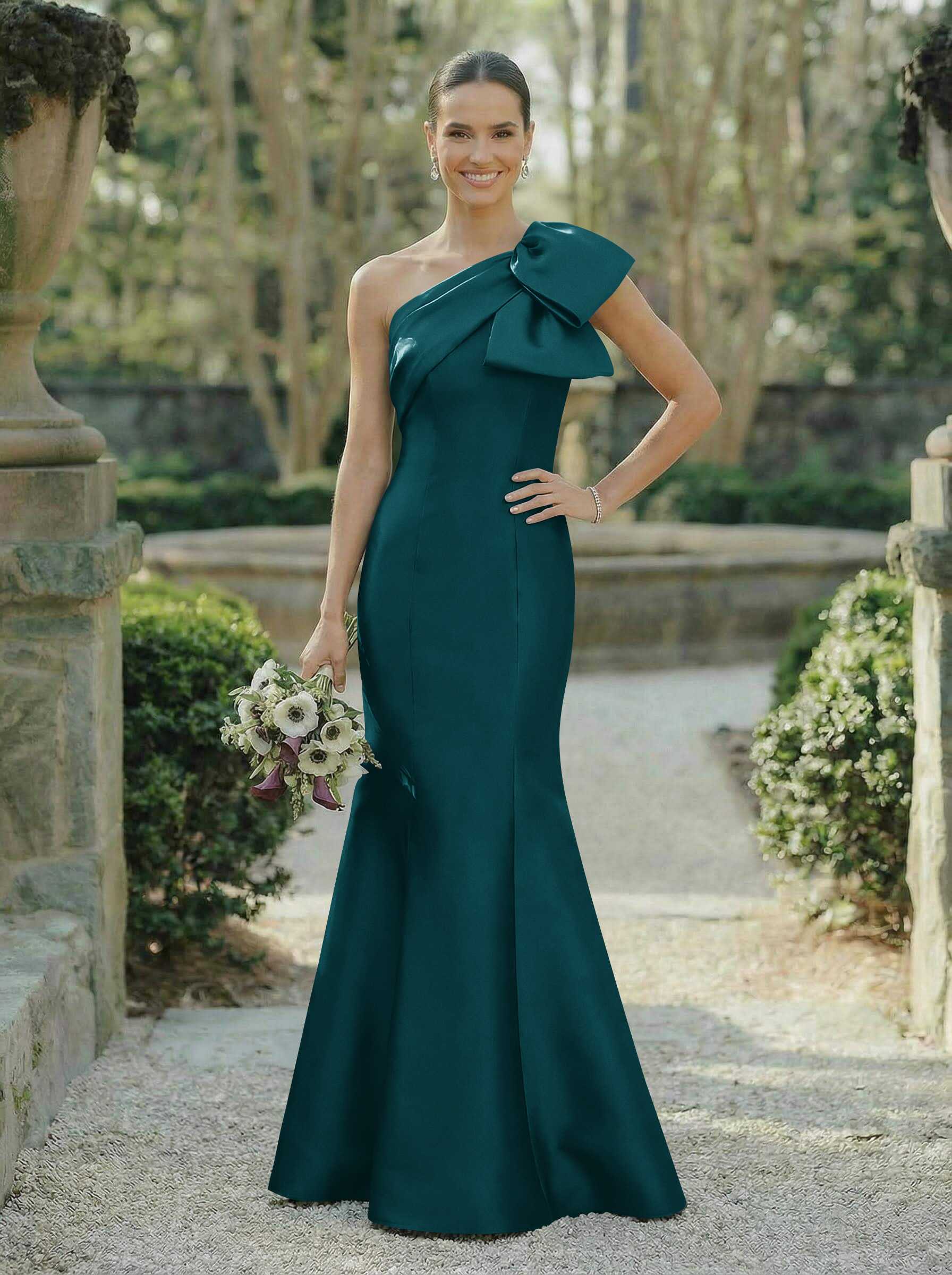 Trumpet/Mermaid One-Shoulder Sleeveless Satin Bridesmaid Dresses With Bow(s), product image 91