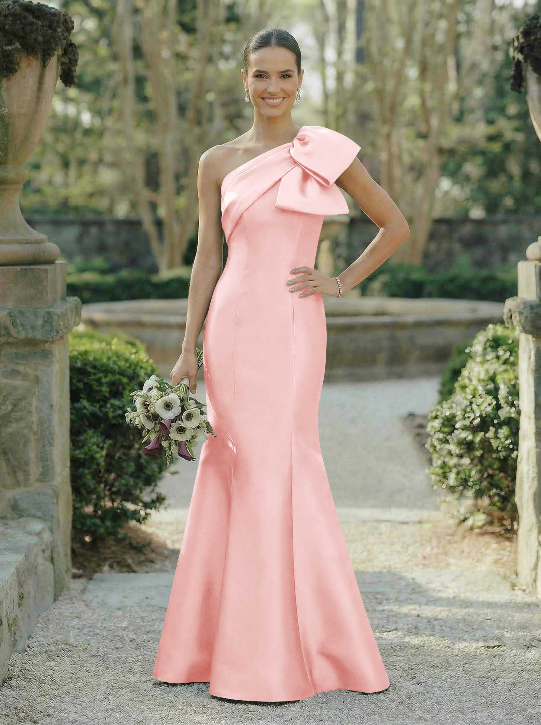 Trumpet/Mermaid One-Shoulder Sleeveless Satin Bridesmaid Dresses With Bow(s), product image 39