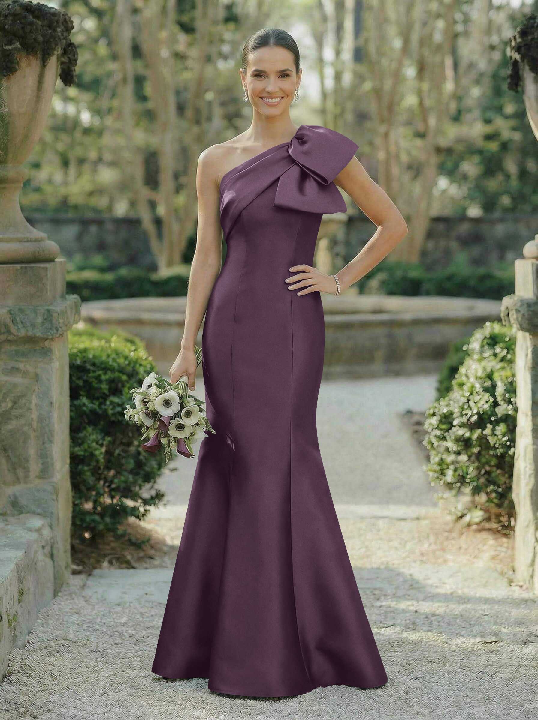Trumpet/Mermaid One-Shoulder Sleeveless Satin Bridesmaid Dresses With Bow(s), product image 81