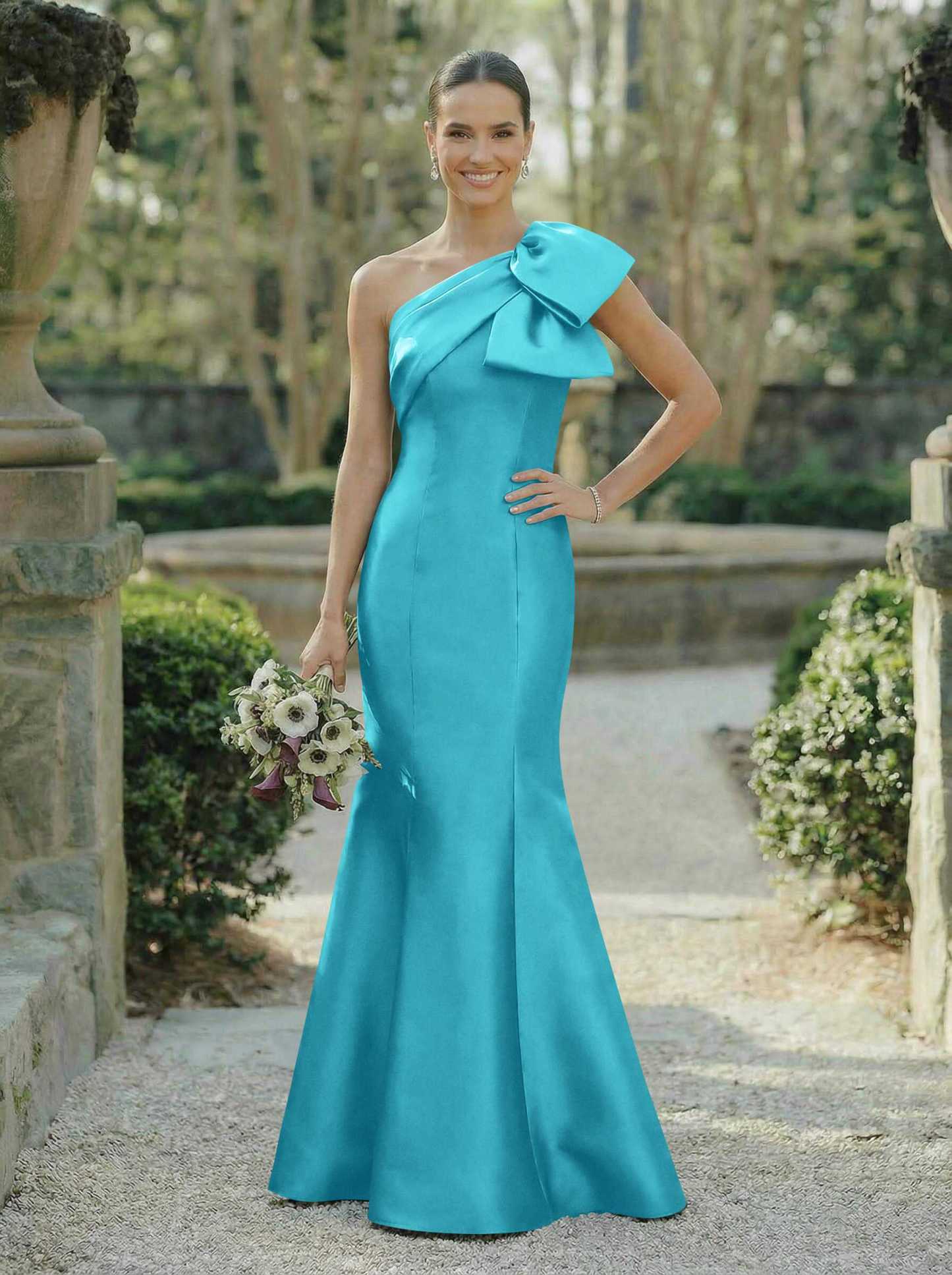 Trumpet/Mermaid One-Shoulder Sleeveless Satin Bridesmaid Dresses With Bow(s), product image 23