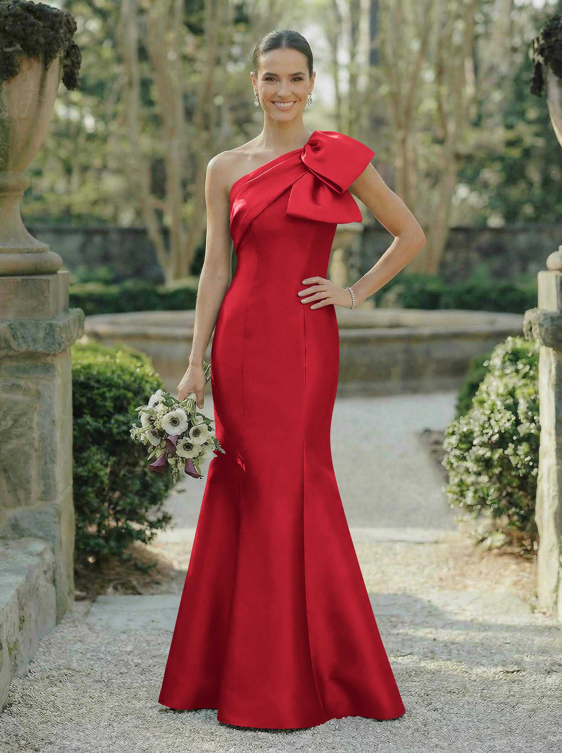 Trumpet/Mermaid One-Shoulder Sleeveless Satin Bridesmaid Dresses With Bow(s), product image 47
