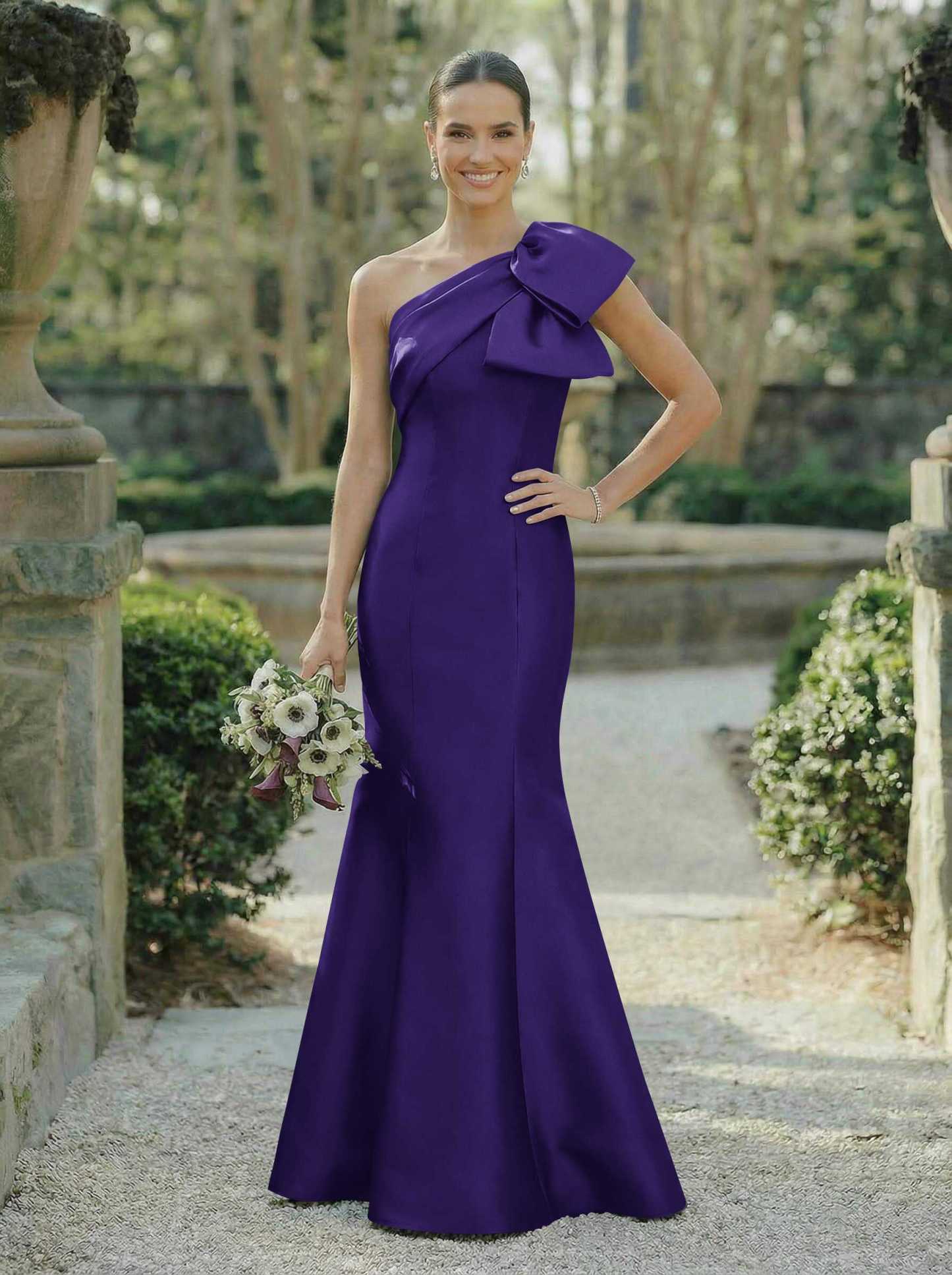 Trumpet/Mermaid One-Shoulder Sleeveless Satin Bridesmaid Dresses With Bow(s), product image 63