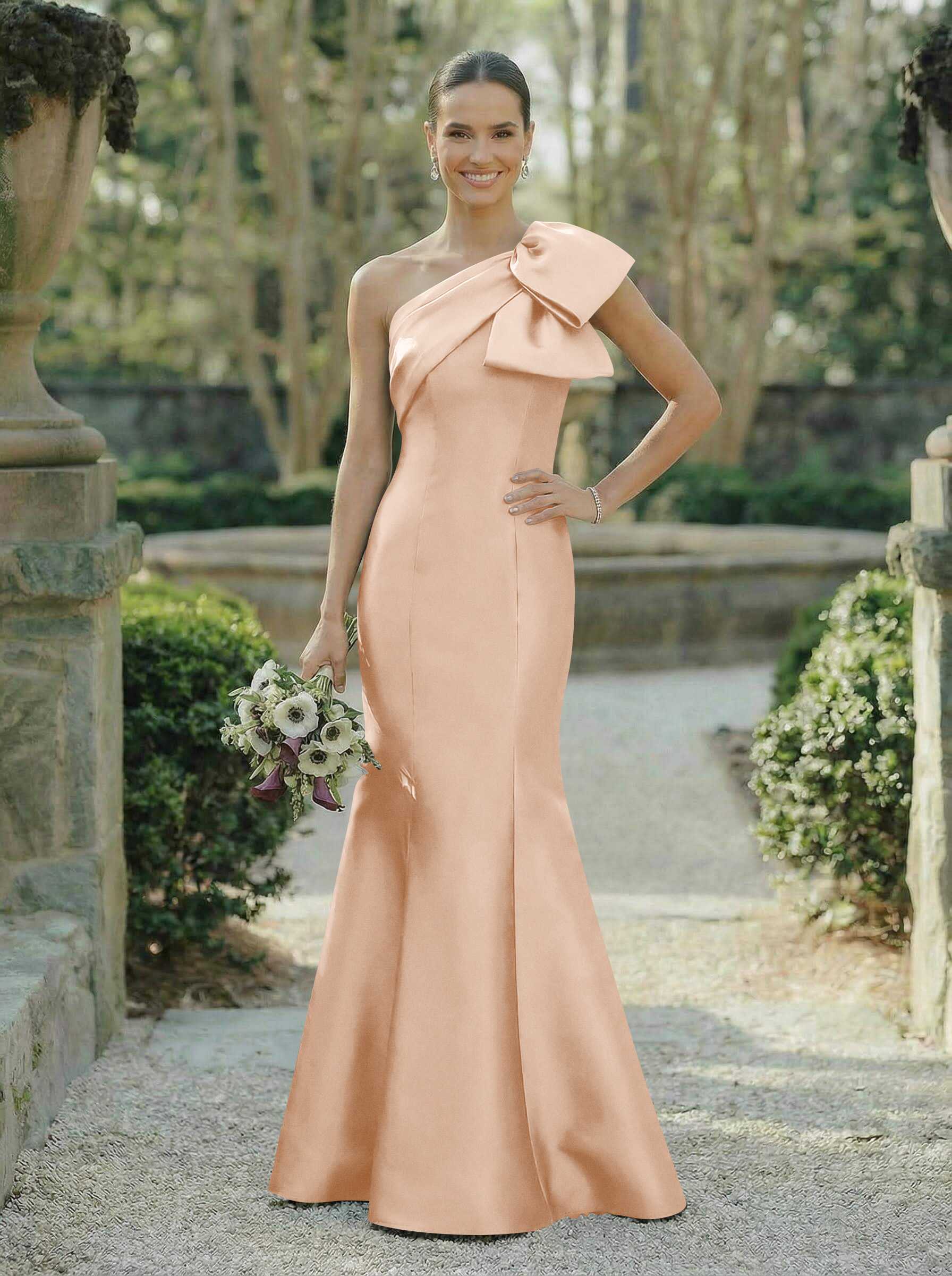 Trumpet/Mermaid One-Shoulder Sleeveless Satin Bridesmaid Dresses With Bow(s), product image 115