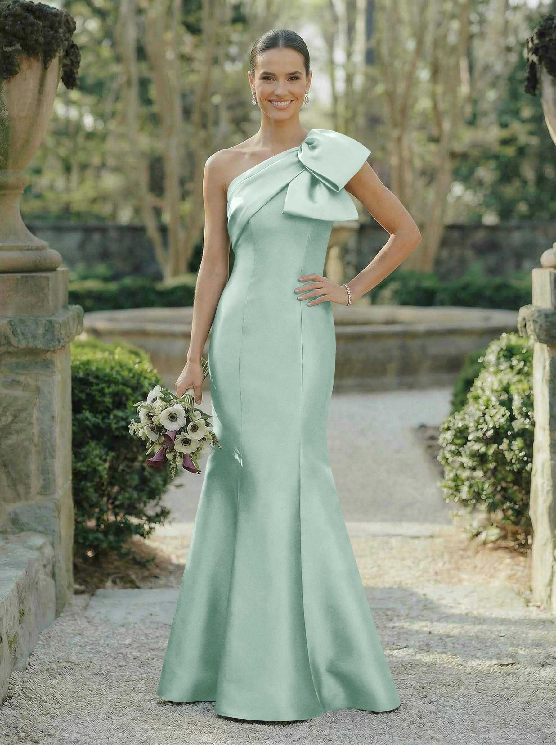 Trumpet/Mermaid One-Shoulder Sleeveless Satin Bridesmaid Dresses With Bow(s), product image 87