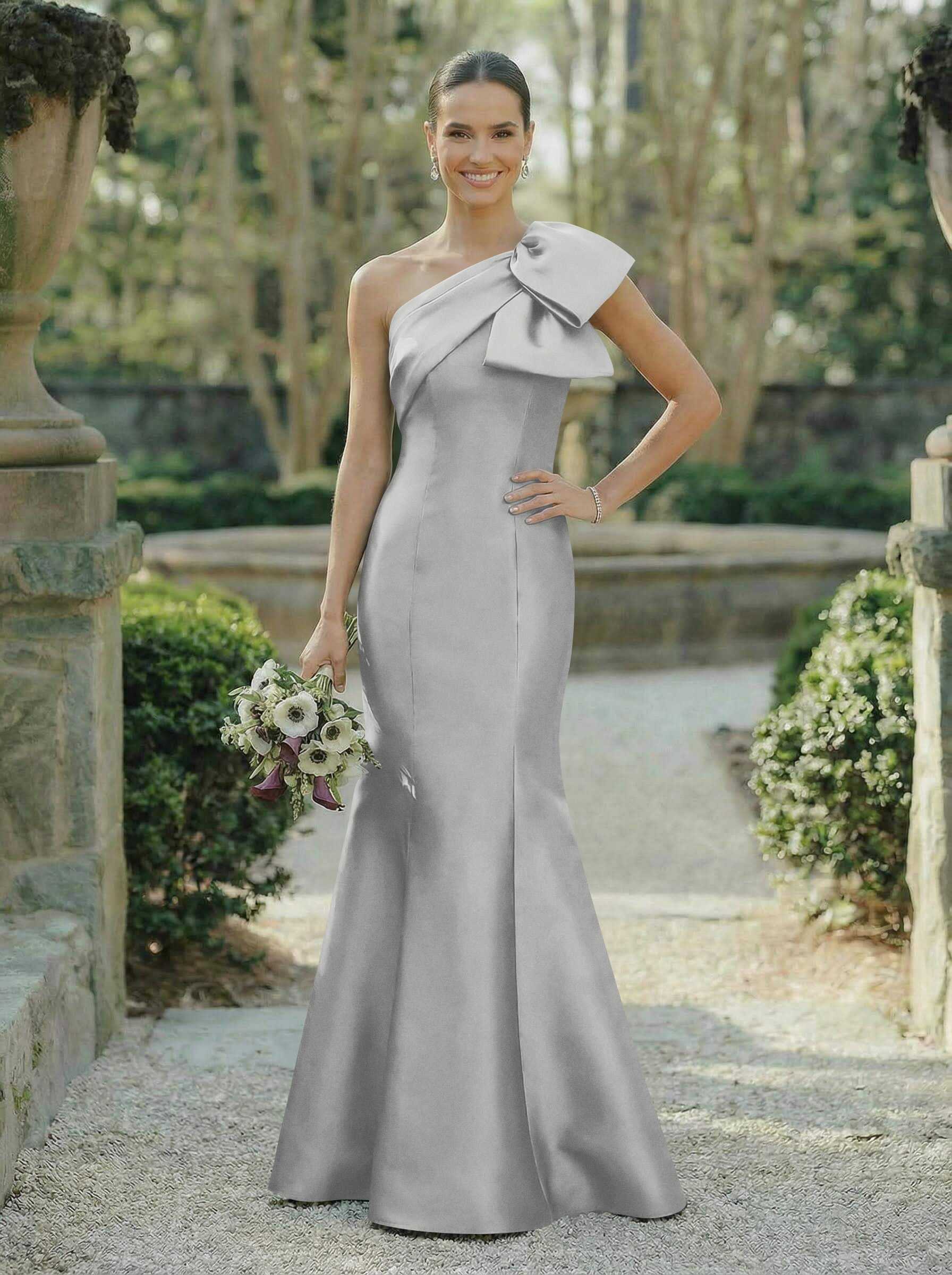 Trumpet/Mermaid One-Shoulder Sleeveless Satin Bridesmaid Dresses With Bow(s), product image 129