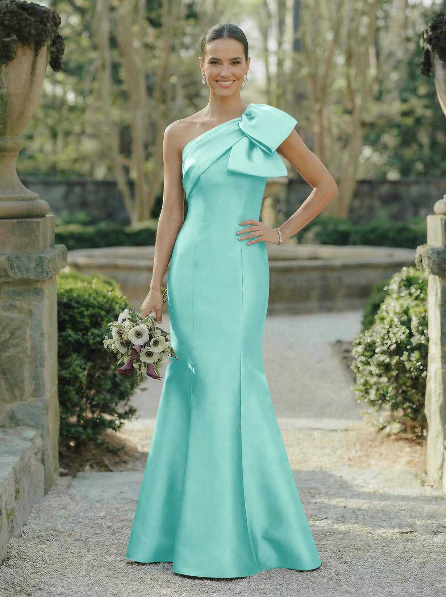 Trumpet/Mermaid One-Shoulder Sleeveless Satin Bridesmaid Dresses With Bow(s), product image 105