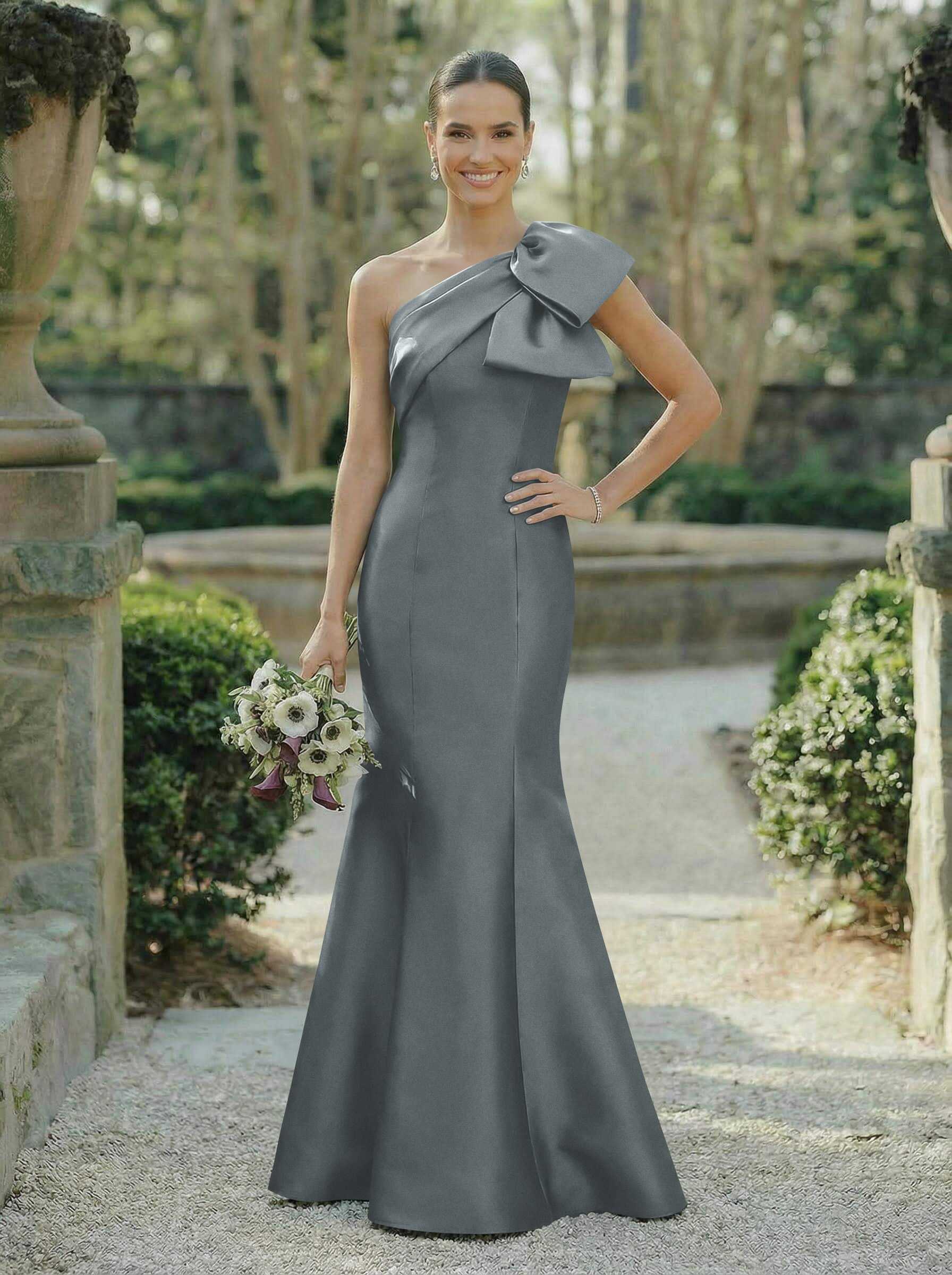 Trumpet/Mermaid One-Shoulder Sleeveless Satin Bridesmaid Dresses With Bow(s), product image 131