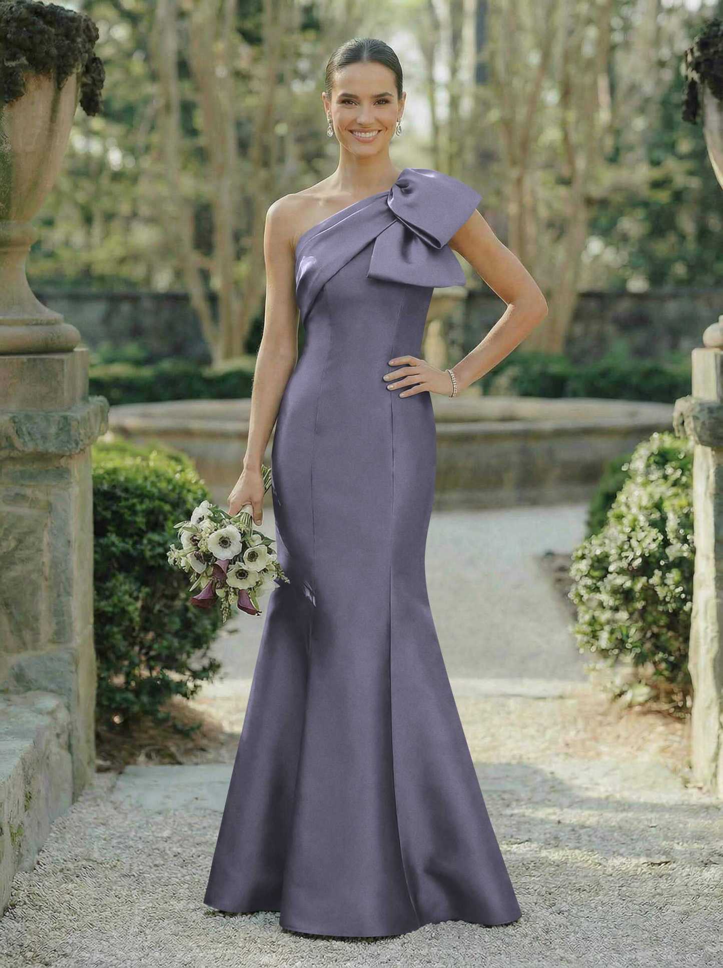 Trumpet/Mermaid One-Shoulder Sleeveless Satin Bridesmaid Dresses With Bow(s), product image 15