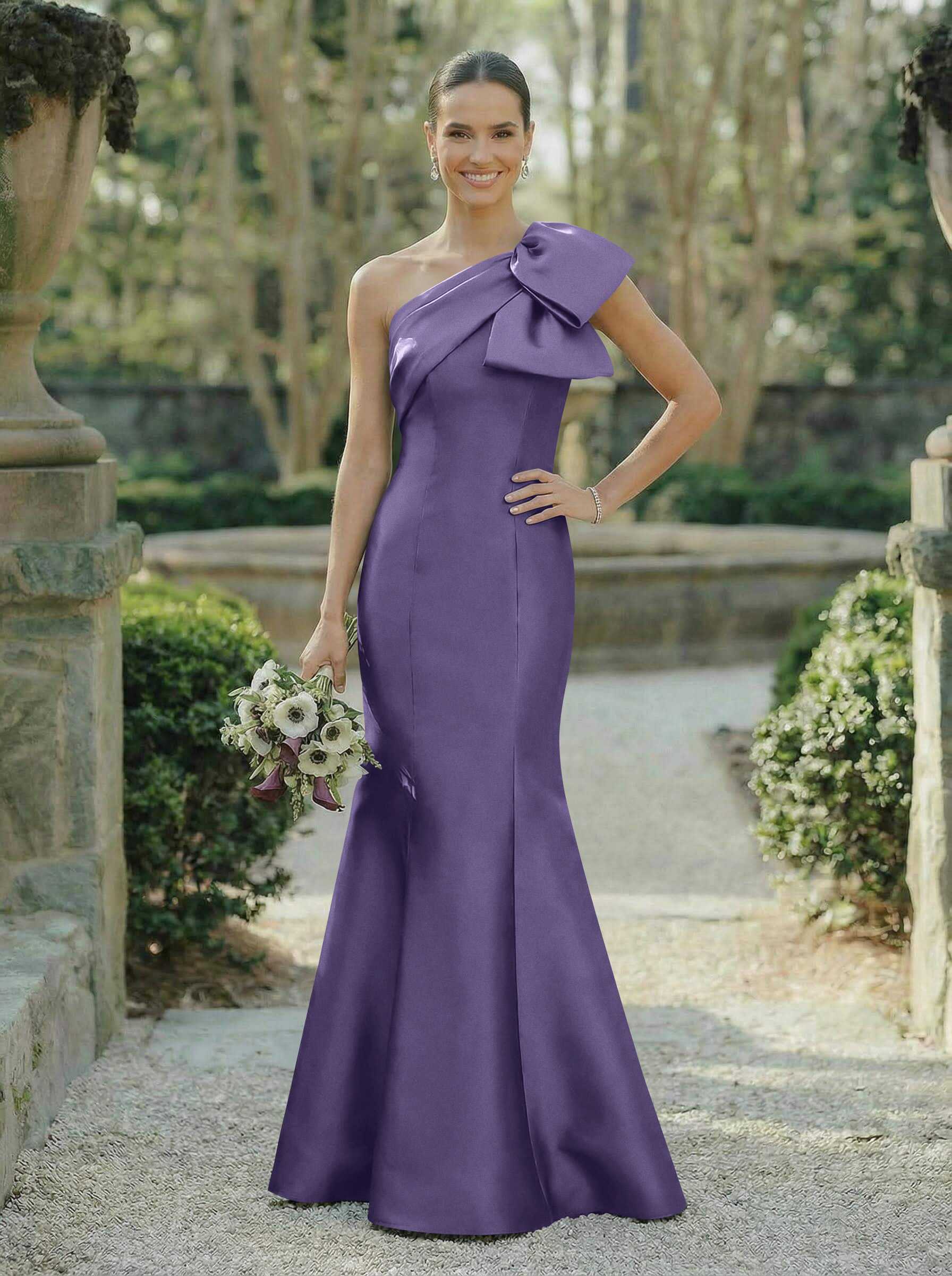 Trumpet/Mermaid One-Shoulder Sleeveless Satin Bridesmaid Dresses With Bow(s), product image 69