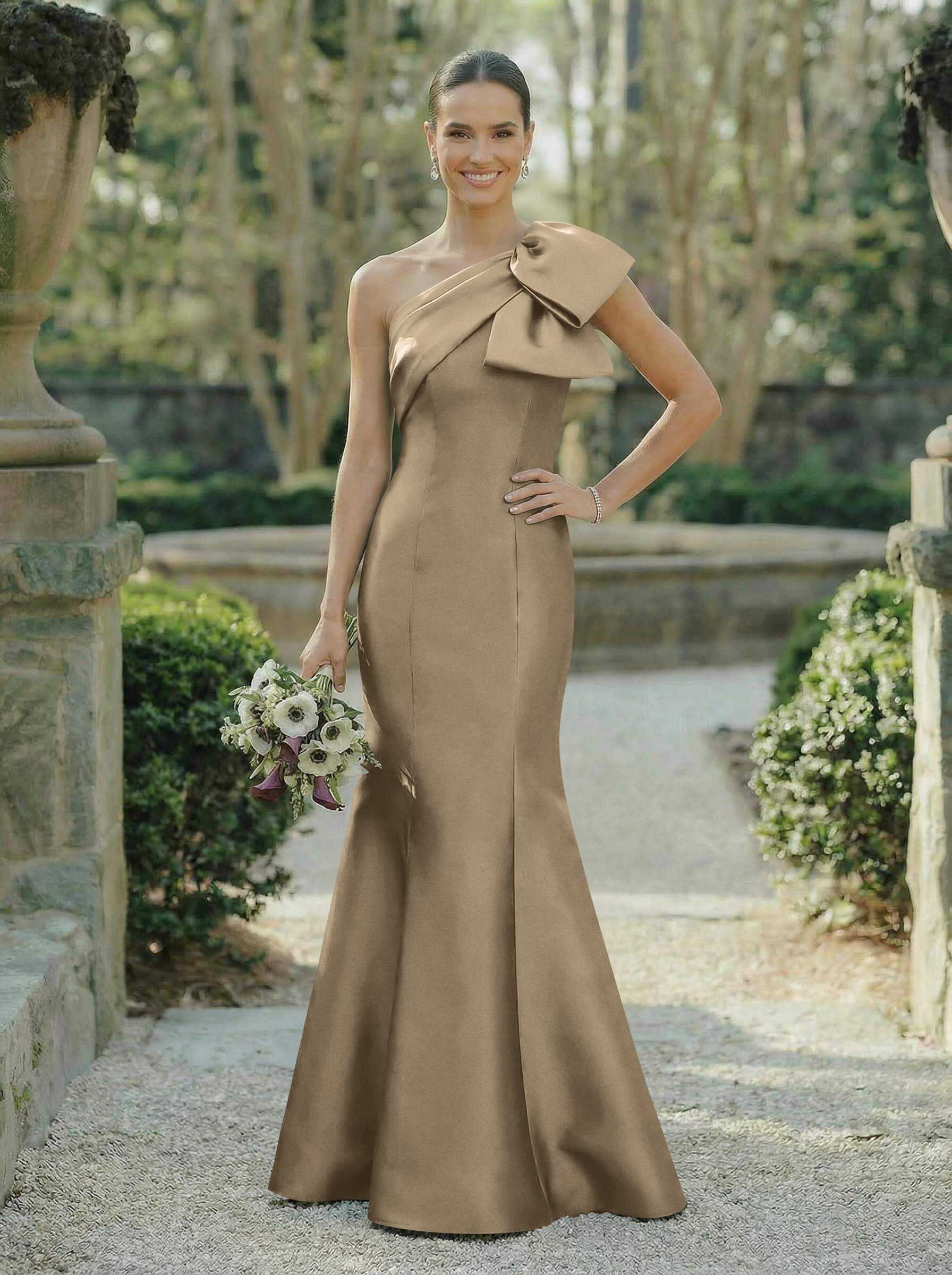 Trumpet/Mermaid One-Shoulder Sleeveless Satin Bridesmaid Dresses With Bow(s), product image 107