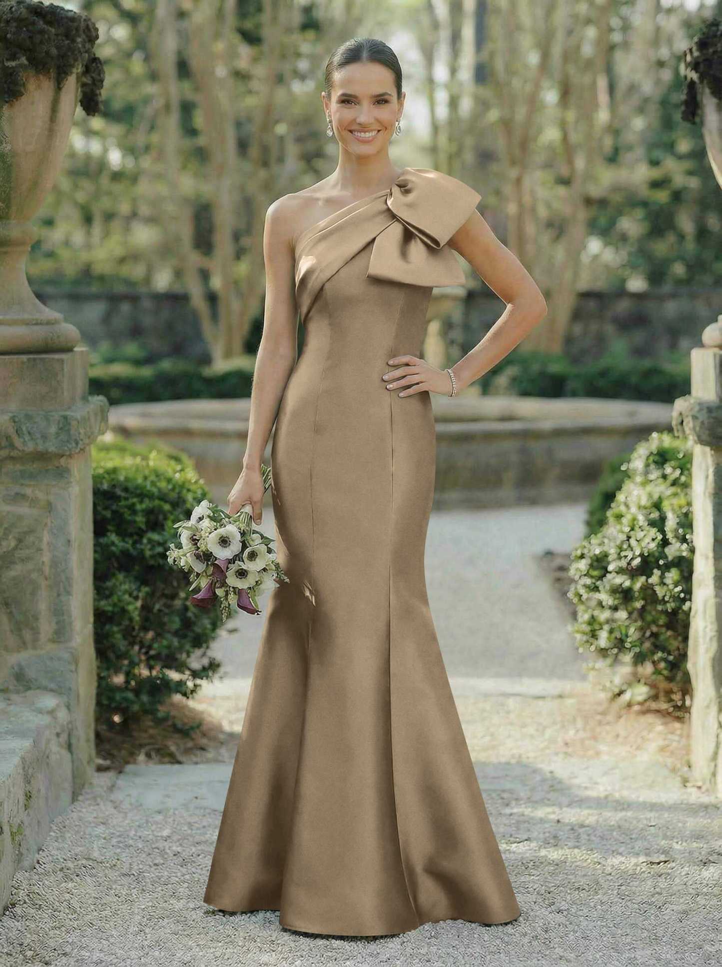 Trumpet/Mermaid One-Shoulder Sleeveless Satin Bridesmaid Dresses With Bow(s), product image 107
