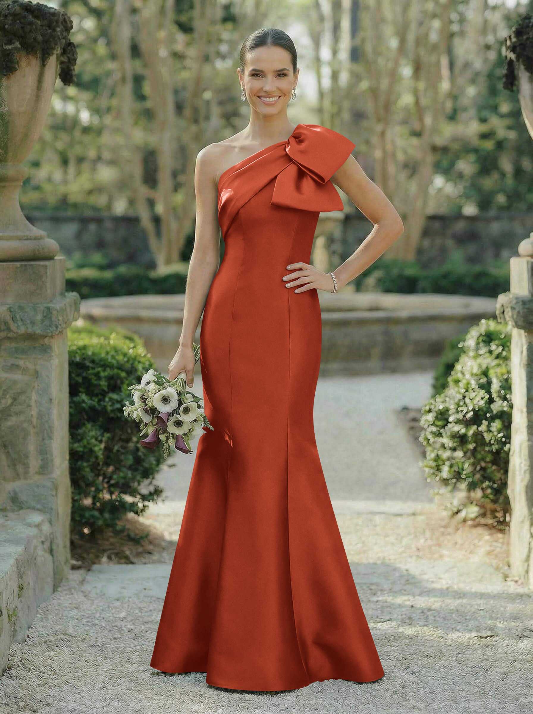 Trumpet/Mermaid One-Shoulder Sleeveless Satin Bridesmaid Dresses With Bow(s), product image 135