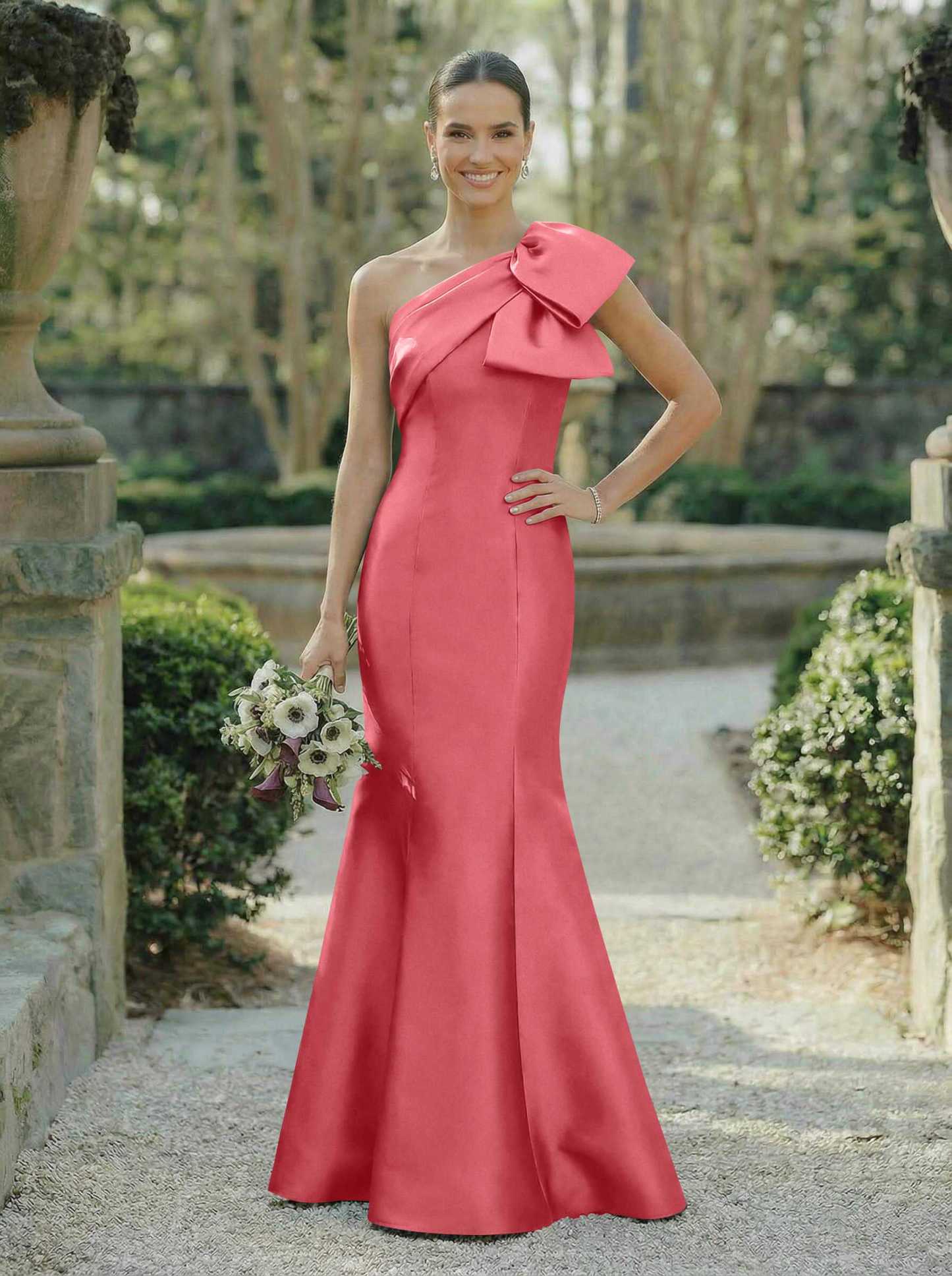 Trumpet/Mermaid One-Shoulder Sleeveless Satin Bridesmaid Dresses With Bow(s), product image 59