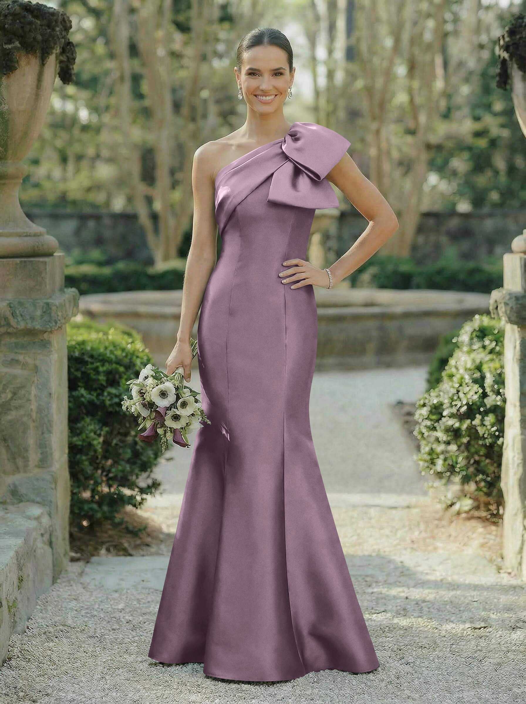 Trumpet/Mermaid One-Shoulder Sleeveless Satin Bridesmaid Dresses With Bow(s), product image 71