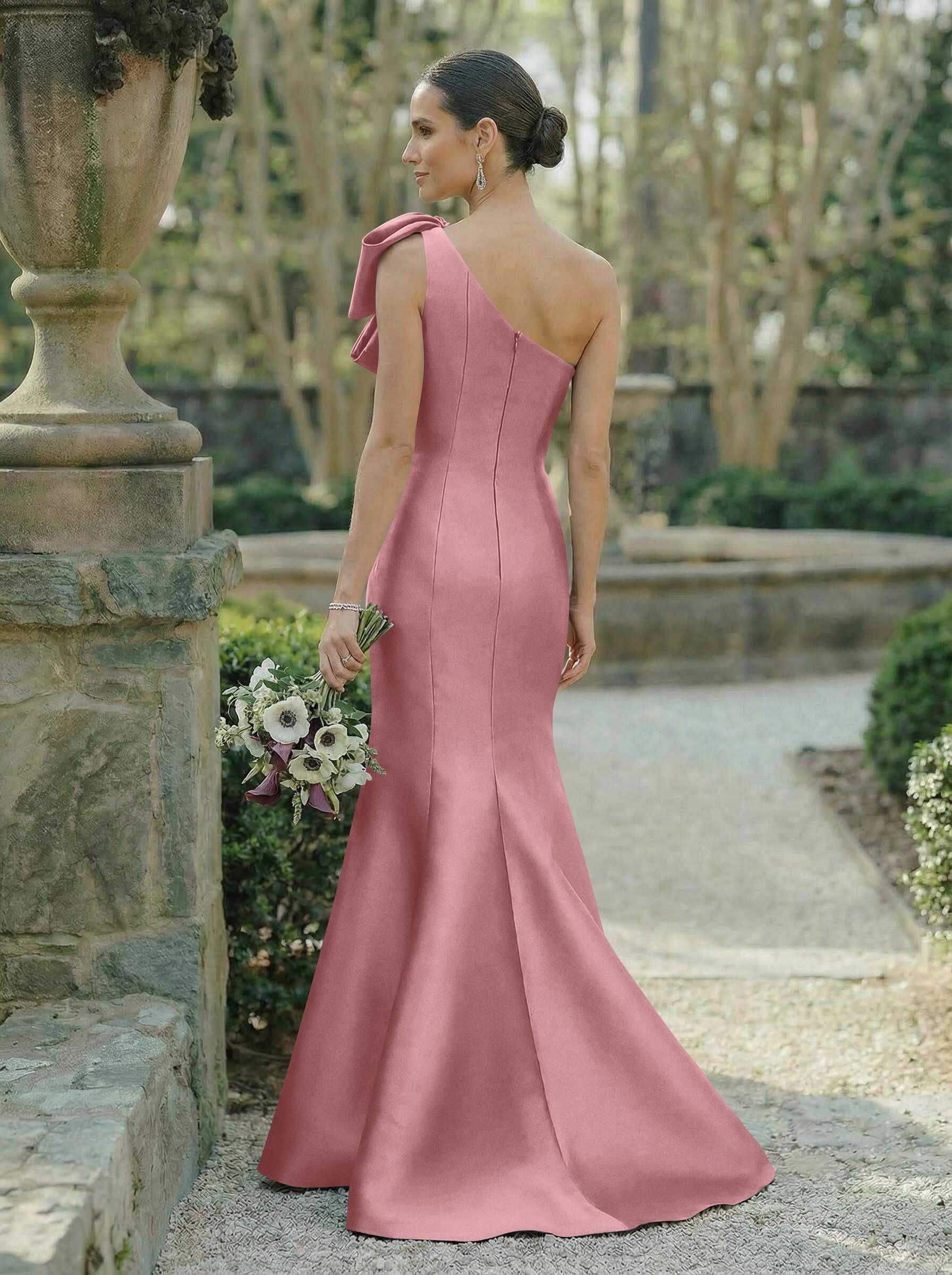 Trumpet/Mermaid One-Shoulder Sleeveless Satin Bridesmaid Dresses With Bow(s), product image 38