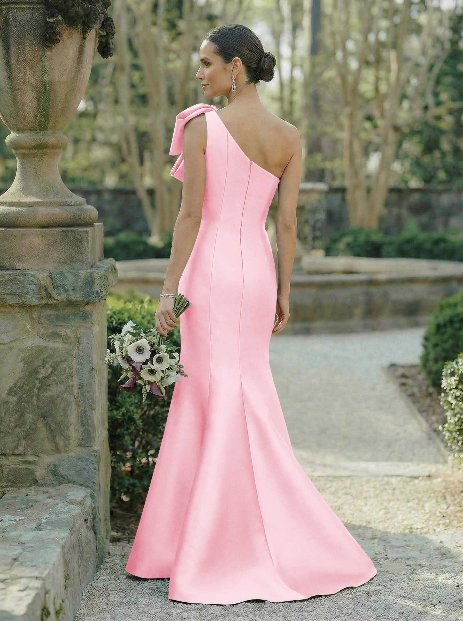 Trumpet/Mermaid One-Shoulder Sleeveless Satin Bridesmaid Dresses With Bow(s), product image 46
