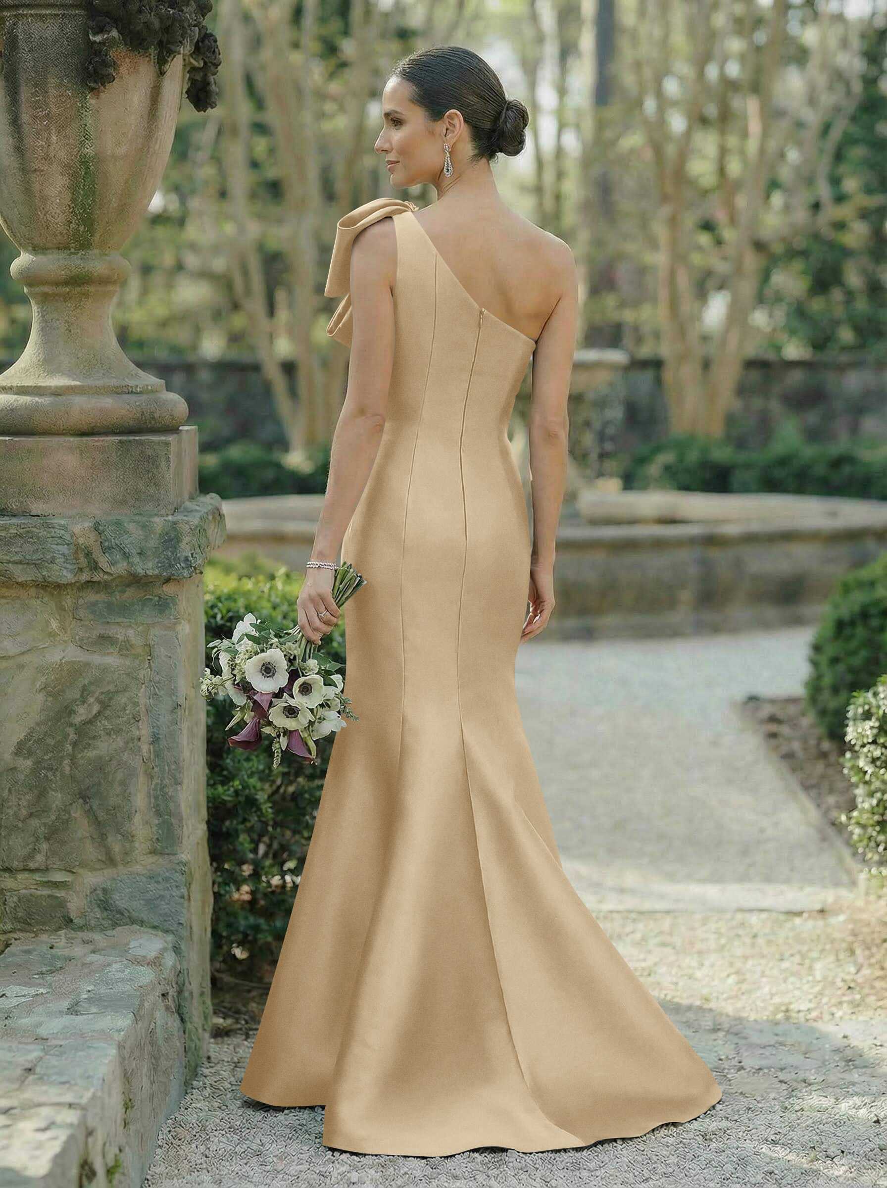 Trumpet/Mermaid One-Shoulder Sleeveless Satin Bridesmaid Dresses With Bow(s), product image 6