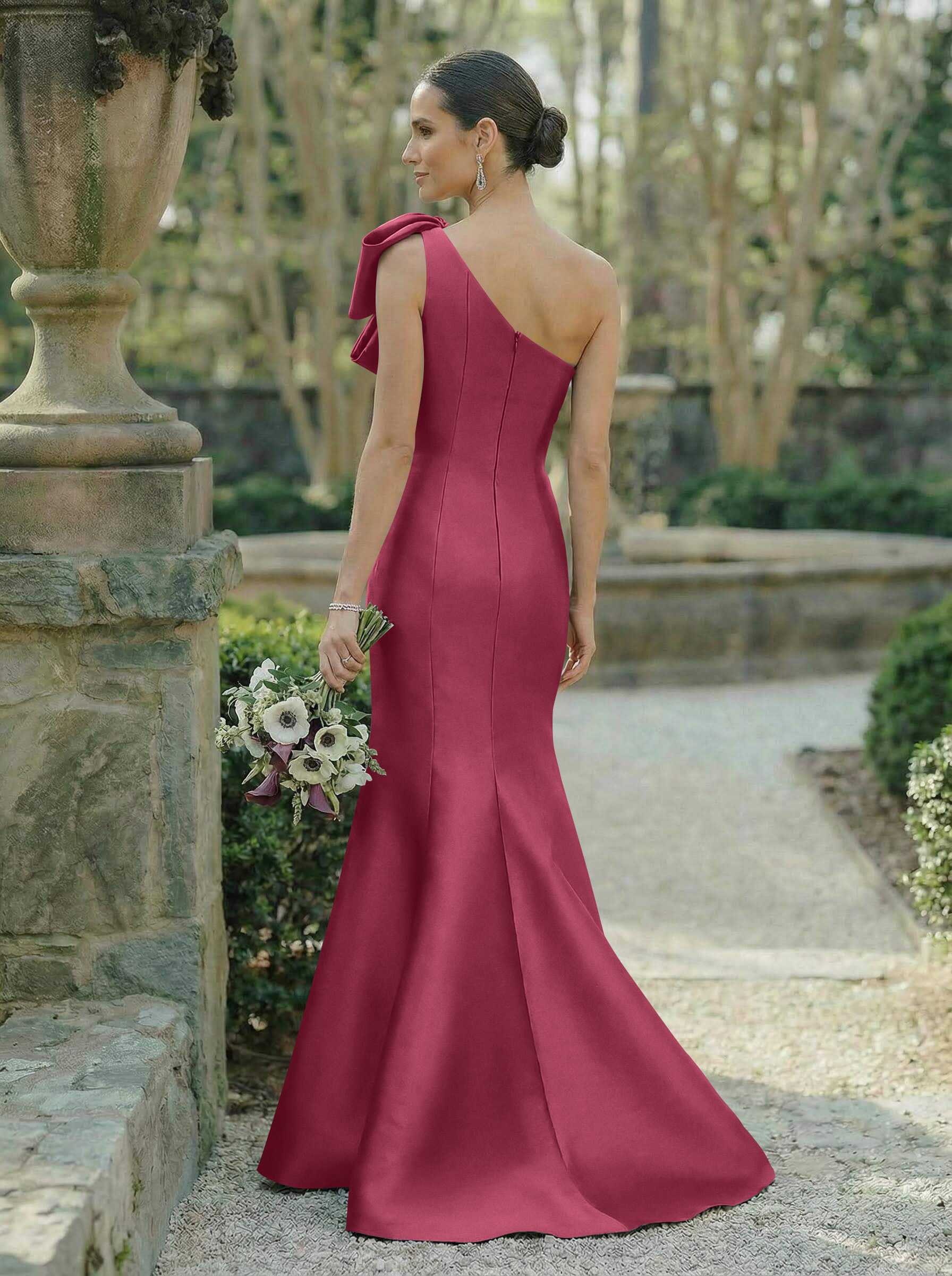 Trumpet/Mermaid One-Shoulder Sleeveless Satin Bridesmaid Dresses With Bow(s), product image 54