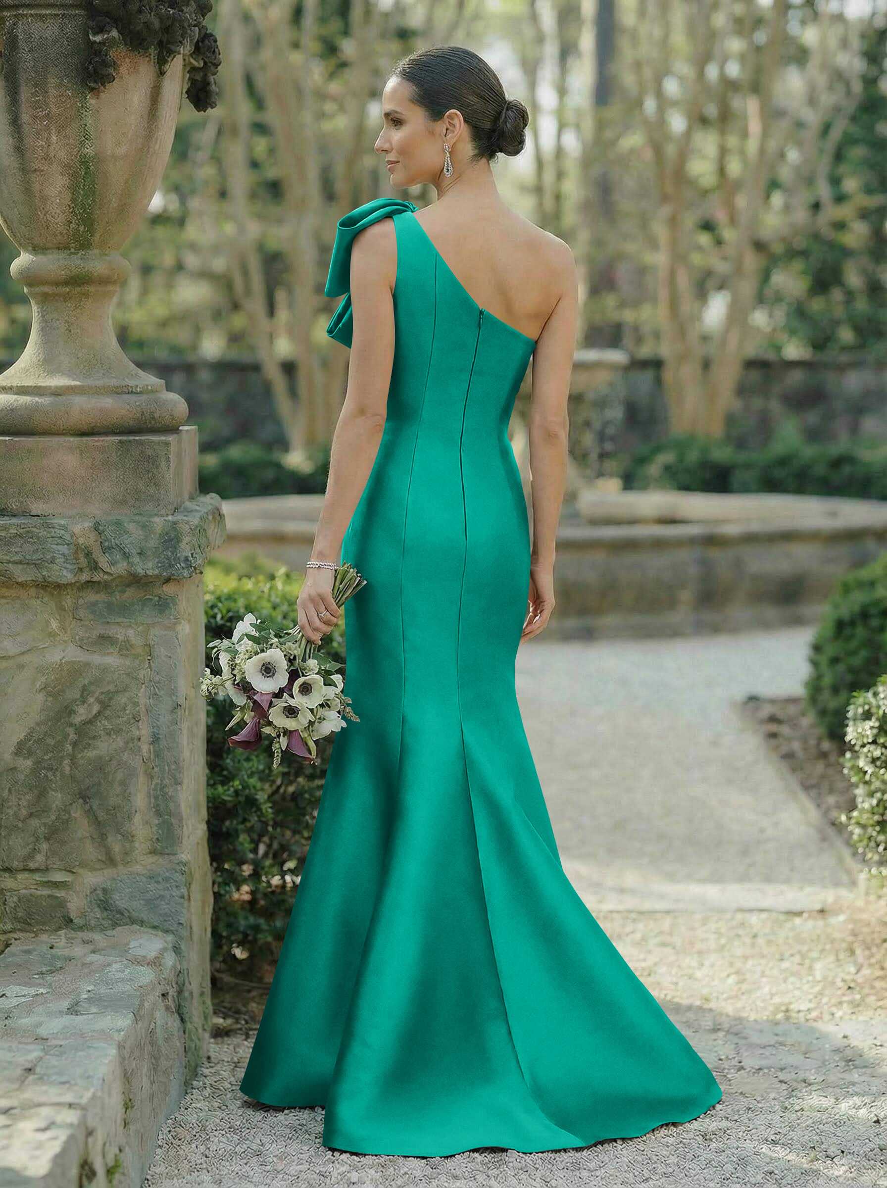 Trumpet/Mermaid One-Shoulder Sleeveless Satin Bridesmaid Dresses With Bow(s), product image 100