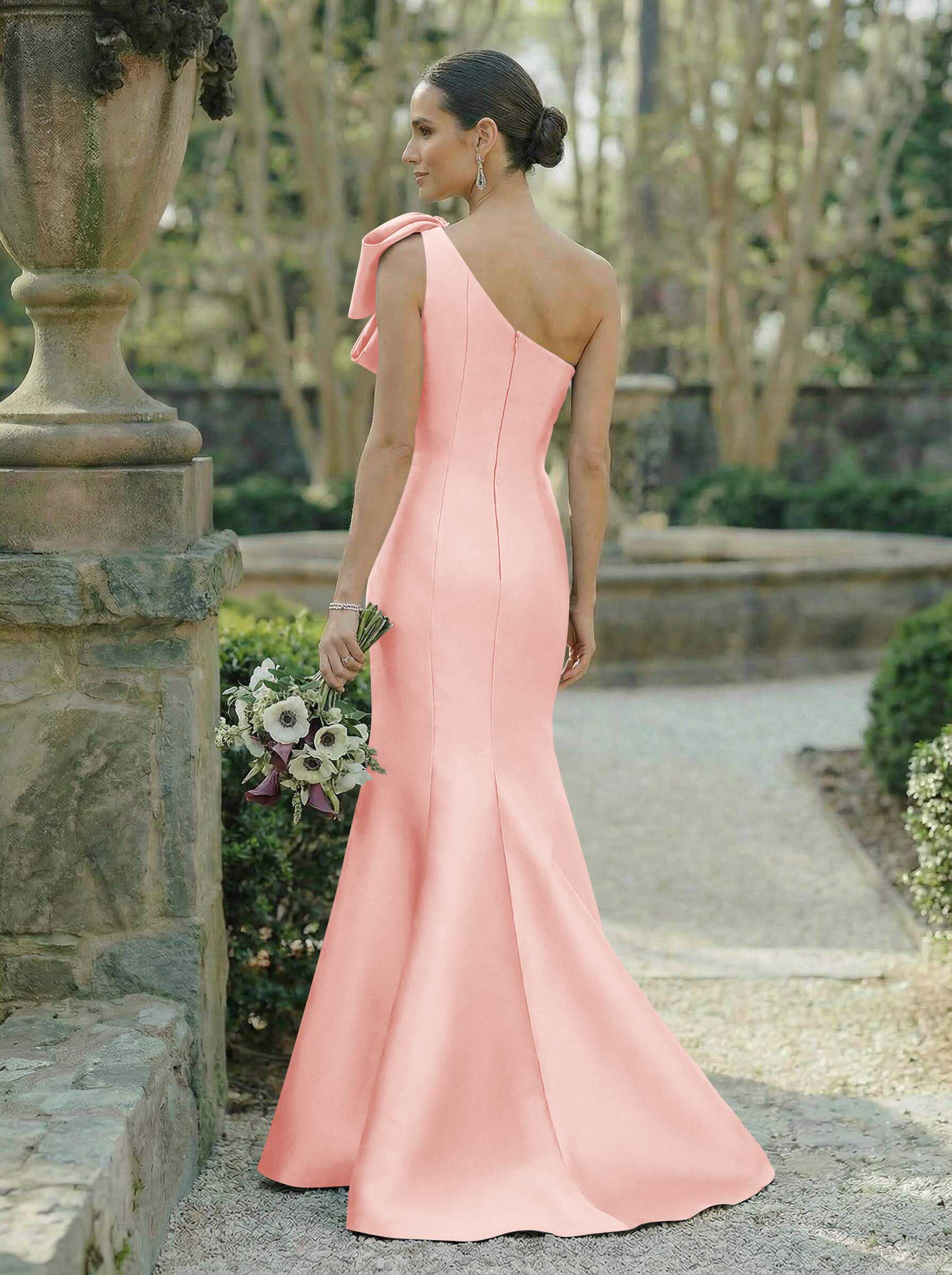 Trumpet/Mermaid One-Shoulder Sleeveless Satin Bridesmaid Dresses With Bow(s), product image 36