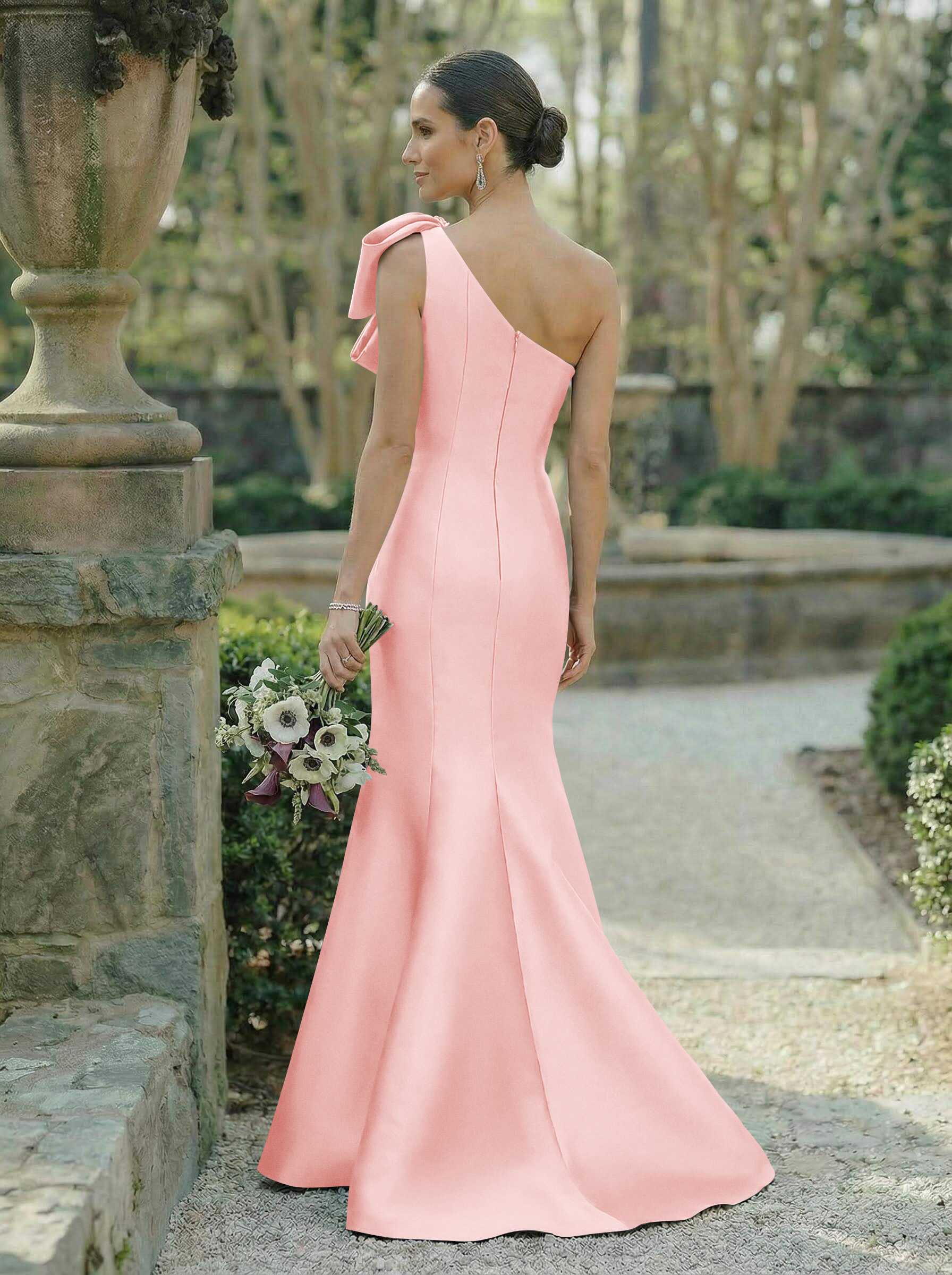 Trumpet/Mermaid One-Shoulder Sleeveless Satin Bridesmaid Dresses With Bow(s), product image 40