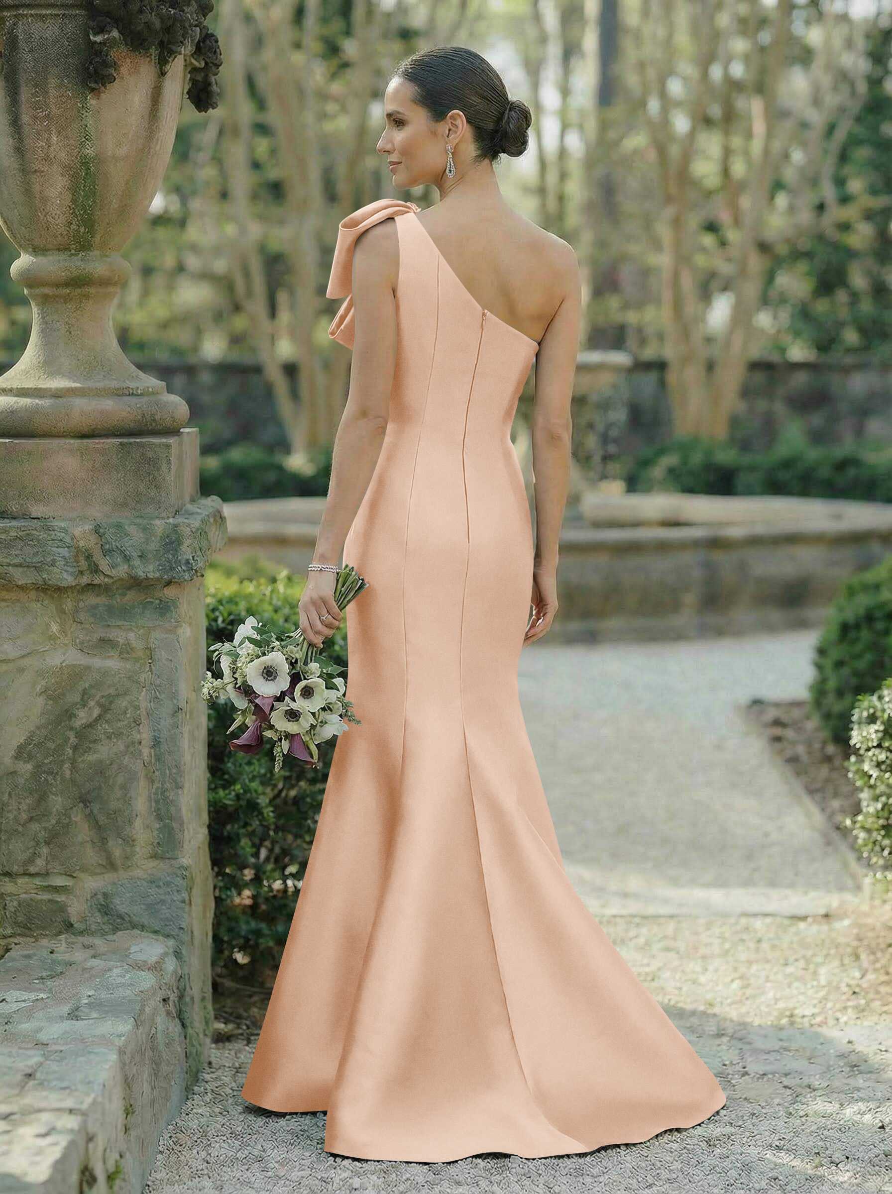 Trumpet/Mermaid One-Shoulder Sleeveless Satin Bridesmaid Dresses With Bow(s), product image 116