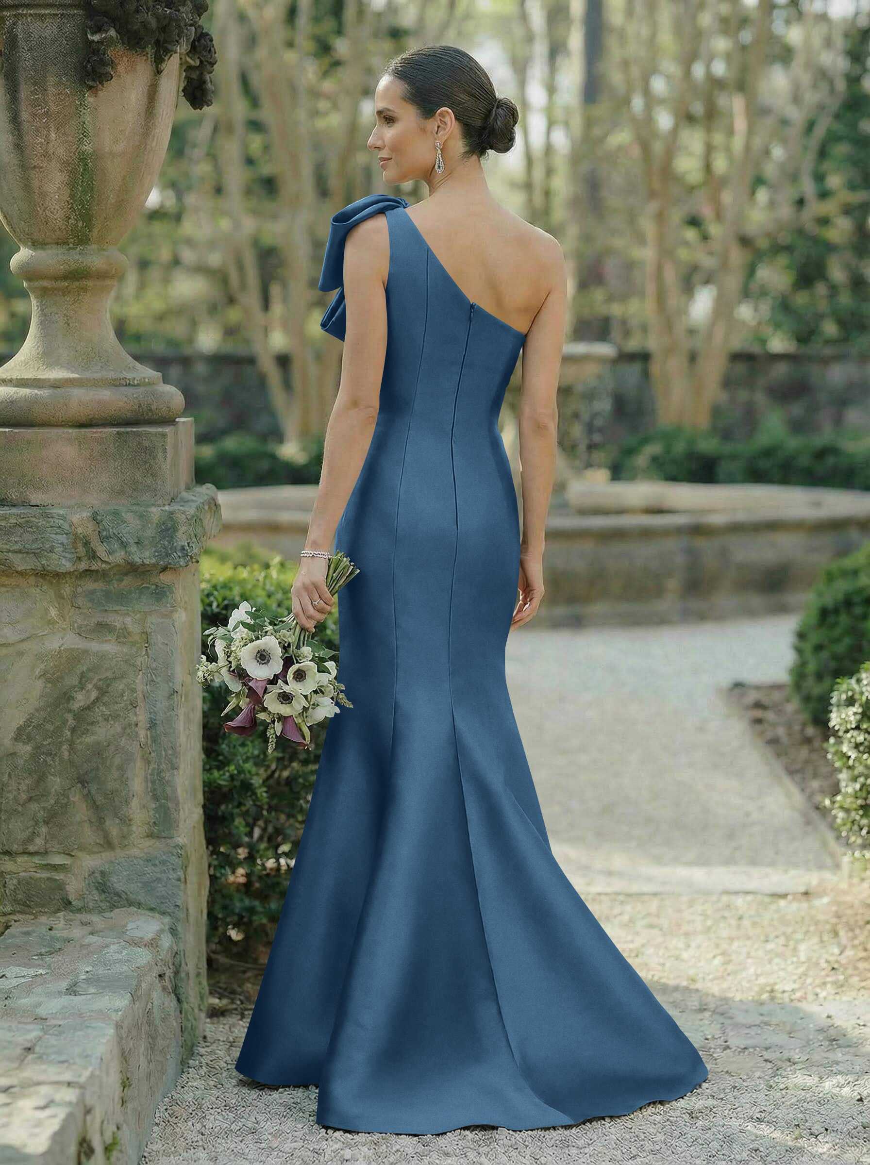 Trumpet/Mermaid One-Shoulder Sleeveless Satin Bridesmaid Dresses With Bow(s), product image 14