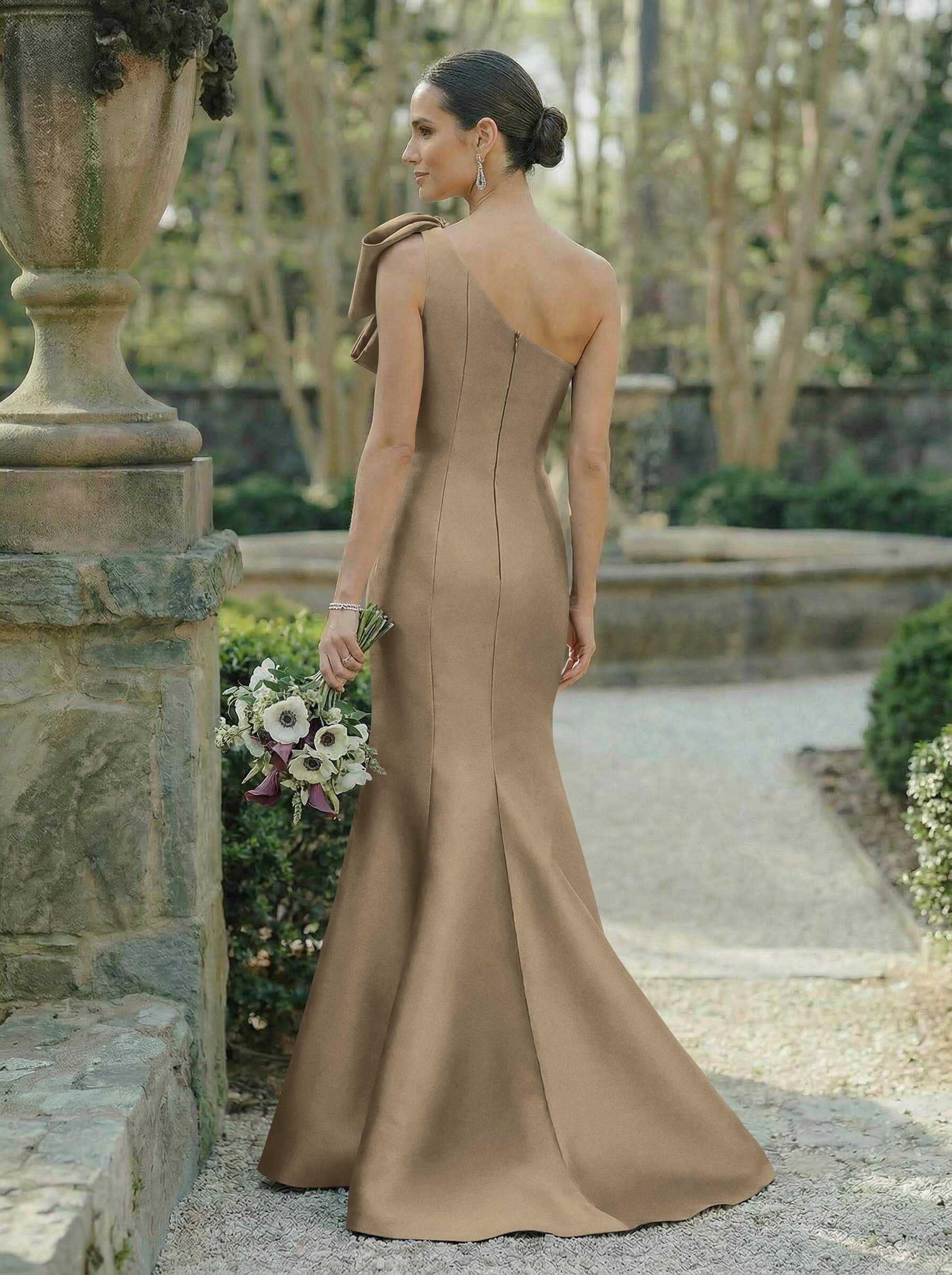 Trumpet/Mermaid One-Shoulder Sleeveless Satin Bridesmaid Dresses With Bow(s), product image 108