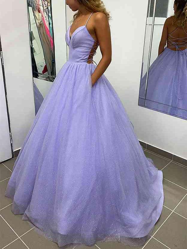 A-line V Neck Spaghetti Straps Floor Length Pockets Prom Dress