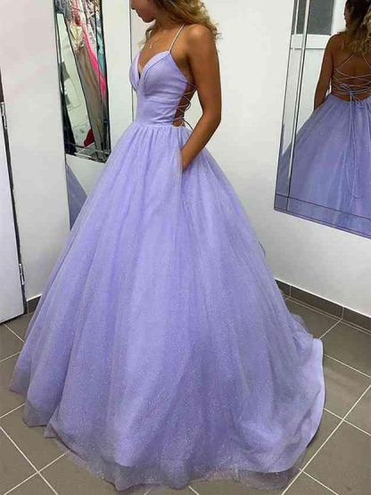 A-line V Neck Spaghetti Straps Floor Length Pockets Prom Dress