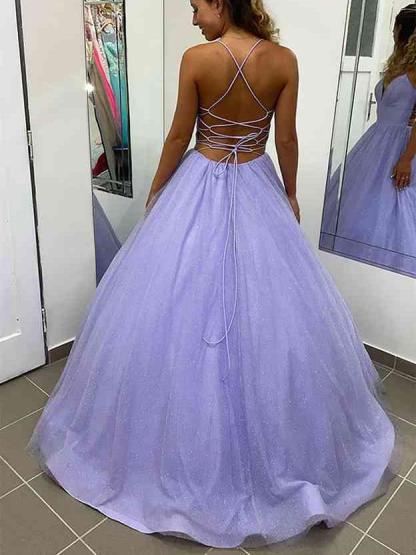 A-line V Neck Spaghetti Straps Floor Length Pockets Prom Dress 