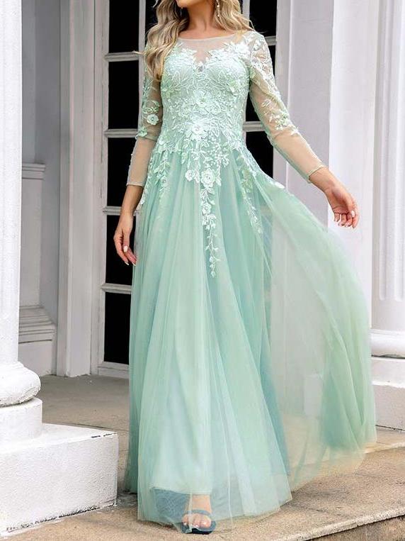 A-line Illusion Neck Sleeve Long Floor-Length Tulle Appliqued Prom Dress