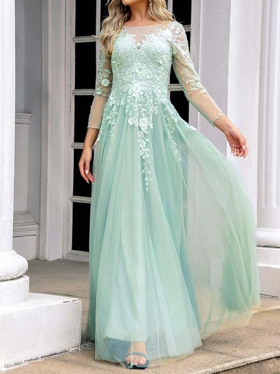 A-line Illusion Neck Sleeve Long Floor-Length Tulle Appliqued Prom Dress