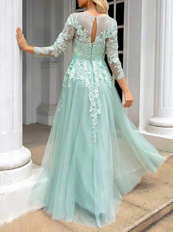 A-line Illusion Neck Sleeve Long Floor-Length Tulle Appliqued Prom Dress