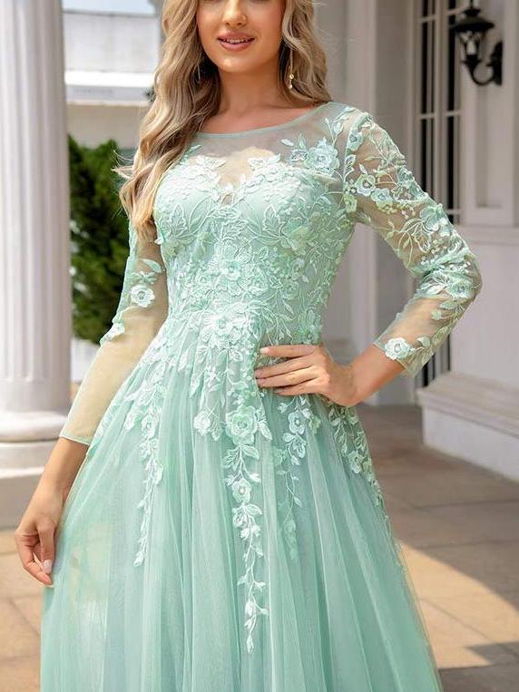 A-line Illusion Neck Sleeve Long Floor-Length Tulle Appliqued Prom Dre