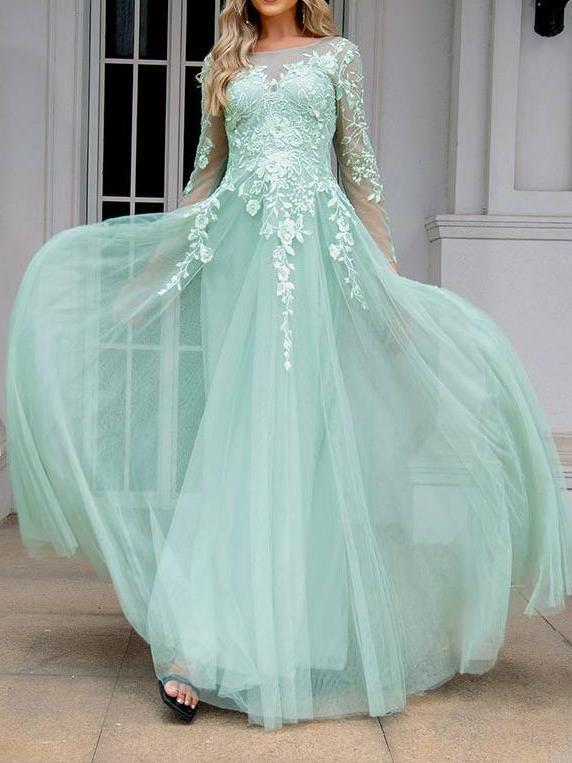 A-line Illusion Neck Sleeve Long Floor-Length Tulle Appliqued Prom Dress
