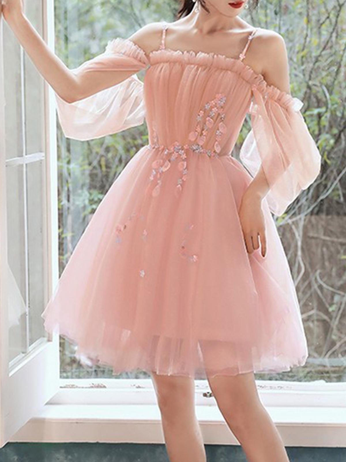 A-line Square Short Sleeve Short/Mini Tulle Pleated Prom Dress
