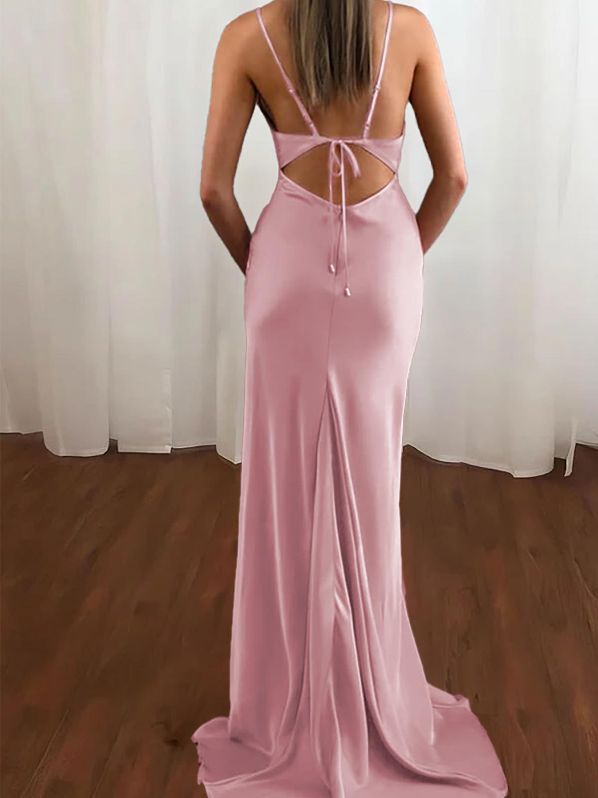  Spaghetti Straps Sheath Cowl Neck Sweep Train Satin Prom Dress