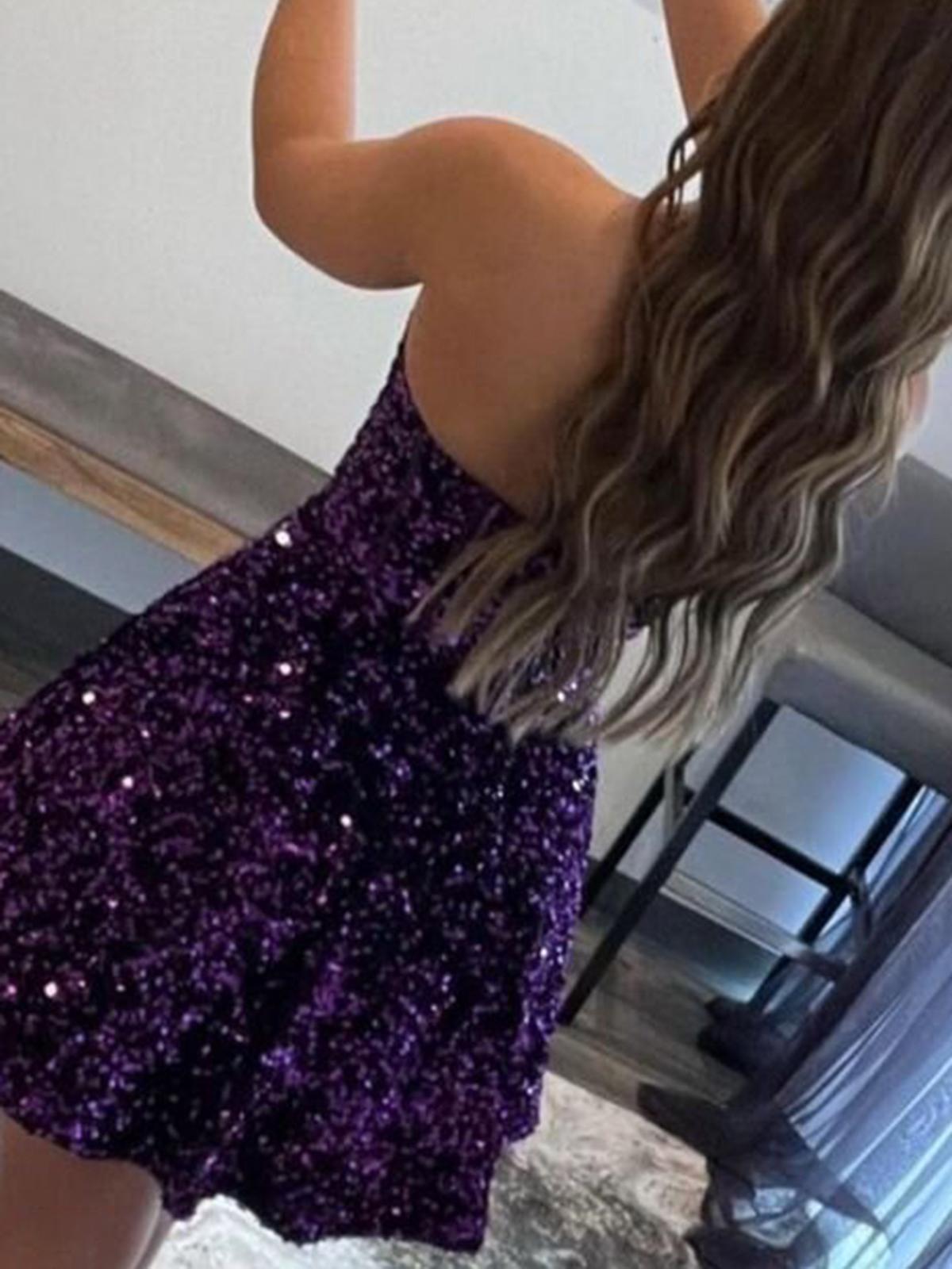 A-line Sweetheart Sleeveless Short/Mini Sequins Pockets Prom Dress