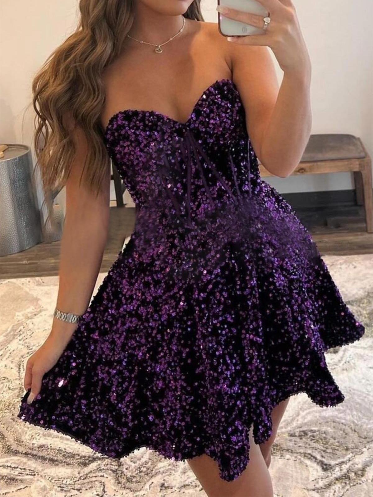 A-line Sweetheart Sleeveless Short/Mini Sequins Pockets Prom Dress
