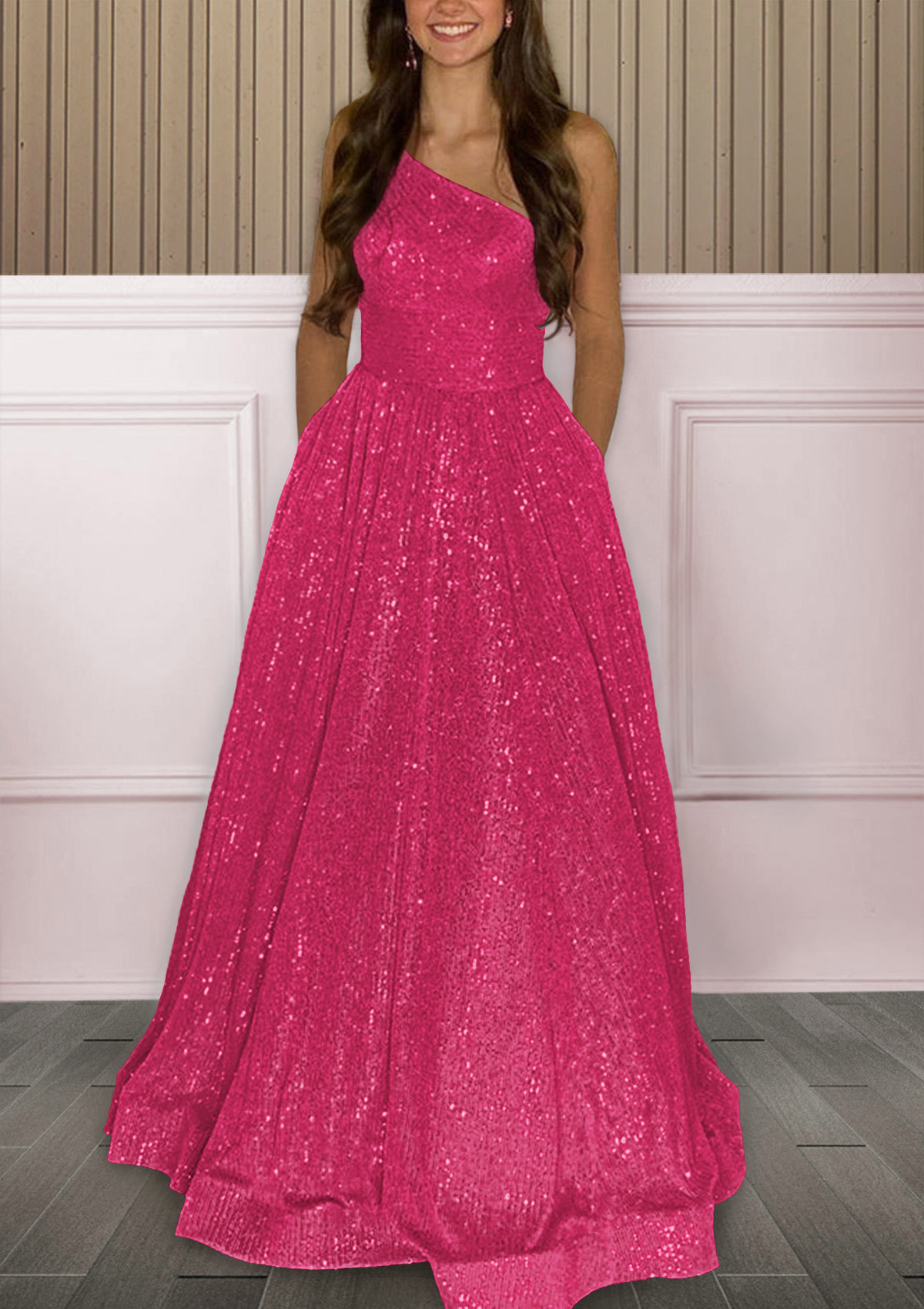 A-line One-Shoulder Sleeveless Sweep Train Sequined Pockets Prom Dress