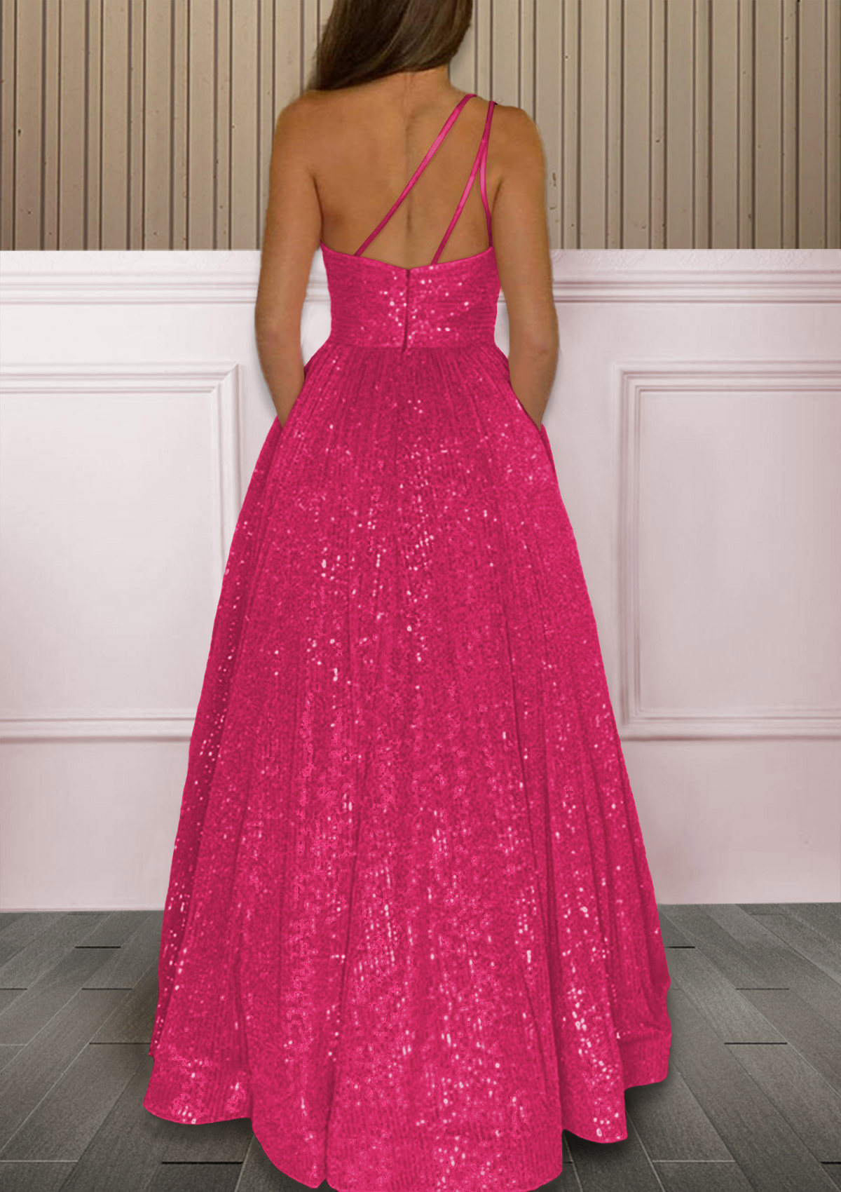 A-line One-Shoulder Sleeveless Sweep Train Sequined Pockets Prom Dress
