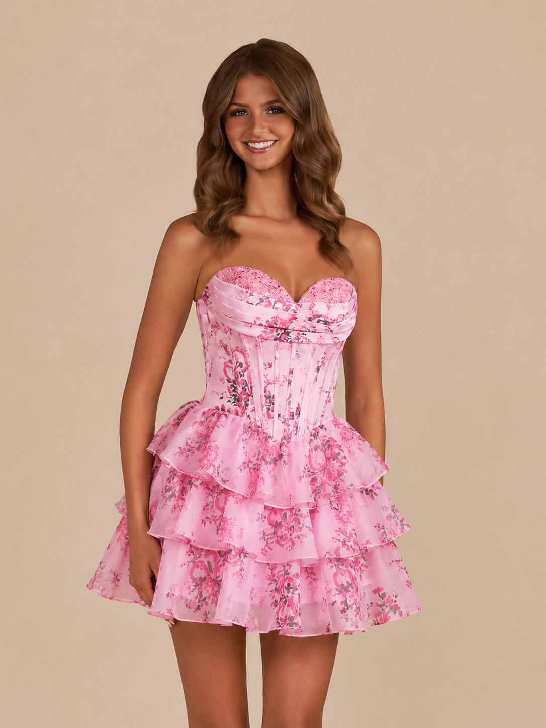 Sky Blue A Line Sweetheart Floral Chiffon Corset Ruffled Homecoming Dresses, supplier image 11