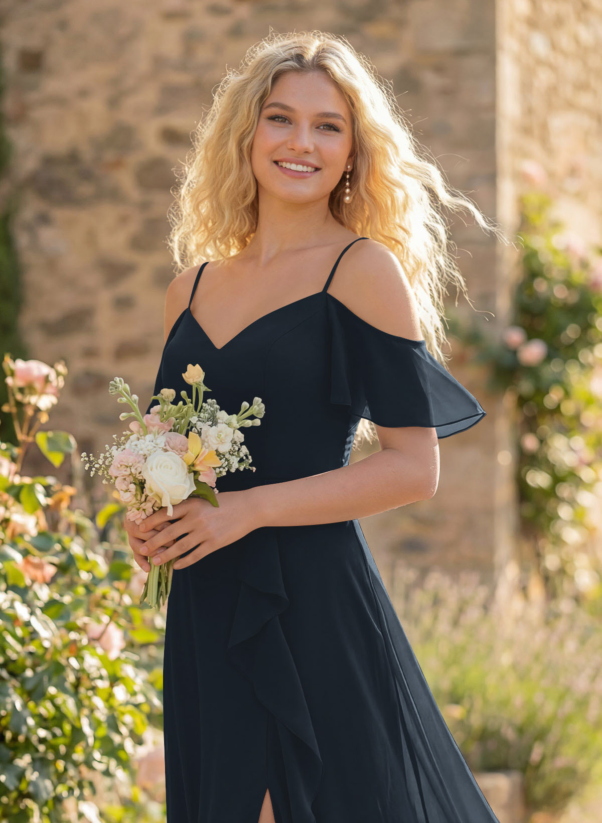 A-Line Sweetheart Short Sleeves Floor-Length Chiffon Bridesmaid Dresses With High Split