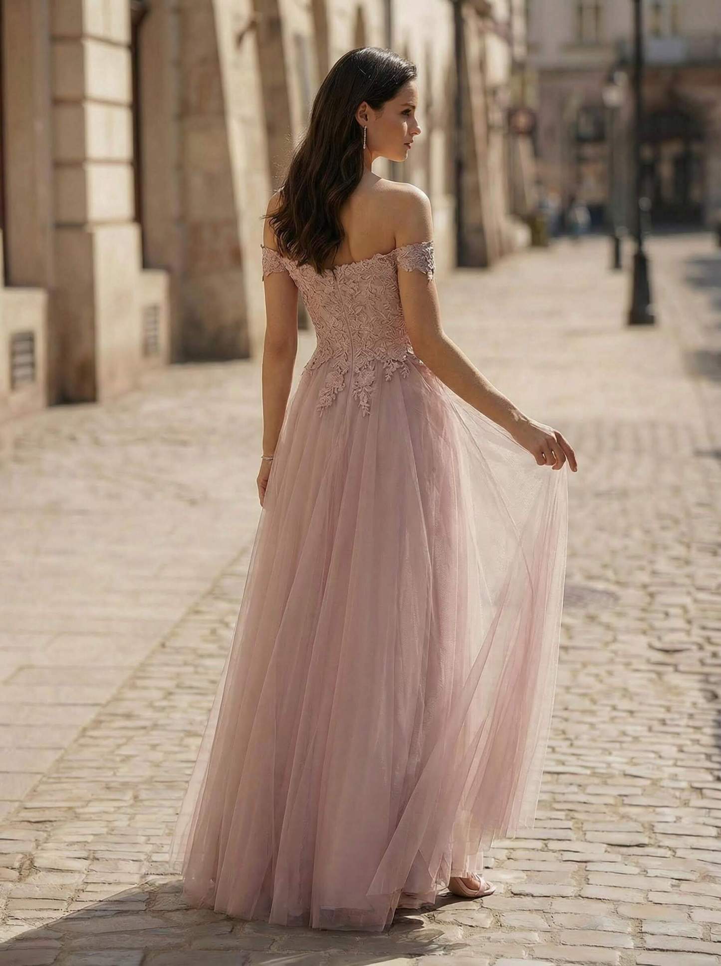 A-Line Off-The-Shoulder Sleeveless Lace/Tulle Bridesmaid Dresses With Split Front, image 2